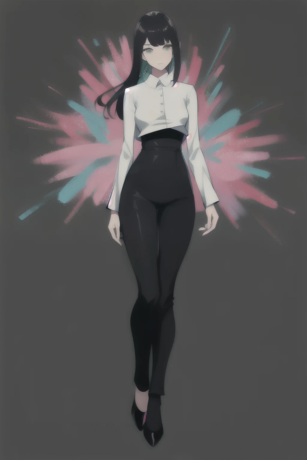 (masterpiece), (best quality), (ultra detailed),(disheed hair),(illustration), (1girl), (Fashionable clothing), standing, Fashion model, looking at viewer, (interview), (simple background), beautiful and delicate eyes, delicate beauty, floating, (high saturation), (colorful splash), colorful bubbles, (shine), focus on face, ponytail, black hair, bangs, hair circle, floating flowers, flowing hair, (shiny), Fullbody