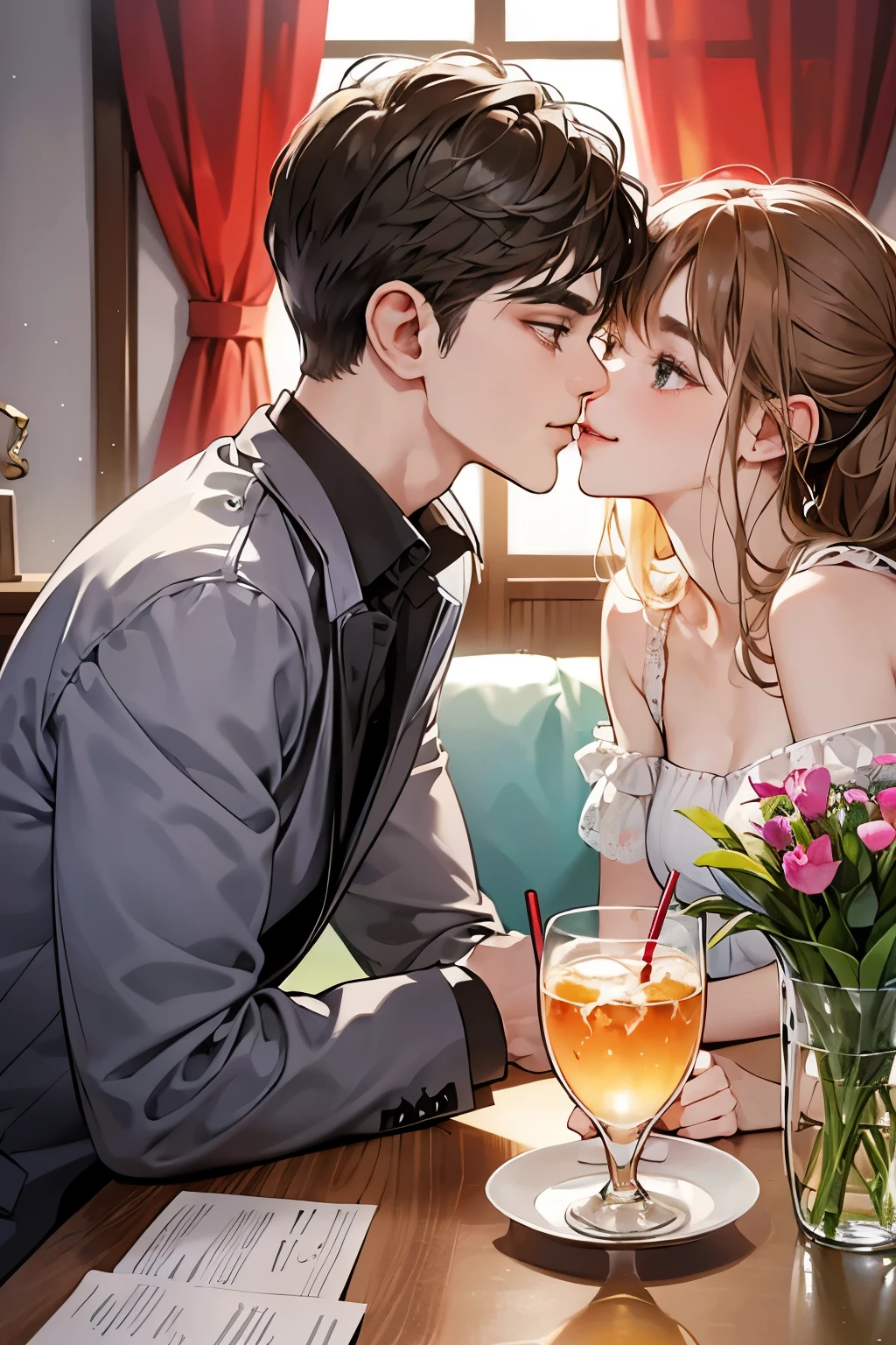 (table top, digital illustration, 4k, 8k, Super detailed, beautiful images, clear image, perfect face, perfect lines, perfect eyes, soft lighting) 1 female, (light brown hair,chignon hair,innocent look,droopy eyebrows,droopy eyes、With a round face,round chin、innocence,cute,Big eyes,natural makeup,smile gently,E cup,23 years old:1.3),Two handsome men in suits, (human,man in suit,muscular,solid shoulder width, boyish hairstyle,A man in his 30s with a cool expression,28 year old man with a bright smile:1.2),garden full of light、lots of flowers、Squirting、colorful flower light,(embarrassing,shy smile:1.2),resort sofa,kiss、カップルkiss、romance porn、couple of man and woman looking at each other、dinner、drink alcohol、drunk