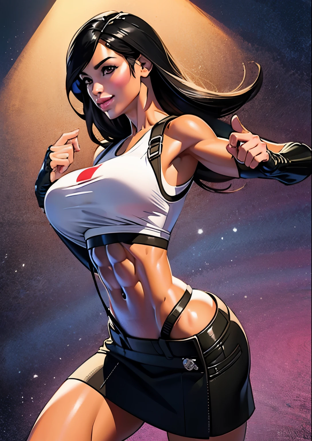 (illustration:1.4), top quality, very delicate and beautiful, high resolution, 1girl, tifa_lockhart, smile, (6 pack abs:1.5), (abs), (gemma chan face:1.2), cowboy shot, suspenders, low rise, mini skirt, tank top, tense shirt, black hair, long hair, elbow gloves, beautiful detailed red eyes, face light, movie lighting, navel, high exposure, abdomen exposure, ribs, abs, (gigantic breasts: 1.4), dynamic poses, dynamic angles,