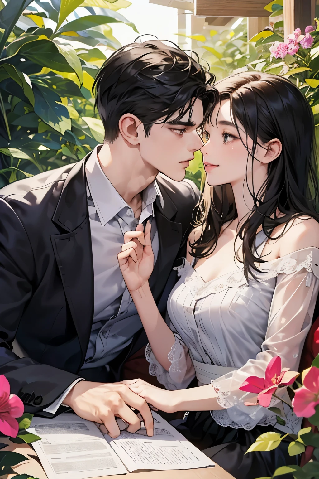 (table top, digital art, digital illustration, 4k, 8k, super detailed, beautiful images, clear image, realistic, RAW photo, perfect face, perfect lines, perfect eyes, soft lighting) ,1 female, (long black hair,straight hair,bullish look,beautiful woman,grace,Make up well,23 is a novel,:1.3),Two handsome men in suits, (human,muscular,solid shoulder width, mens,boyish hairstyle,british gentleman's style,A man in his 30s with a cool expression,28 year old man with a bright smile:1.2),Show your white teeth and smile(embarrassing,shy smile:1.1),garden full of light、squirt、resort sofa、colorful flowers、innocent smile,smile、couple kissing、kiss、the kiss、romance、dinner、drink alcohol、drunk