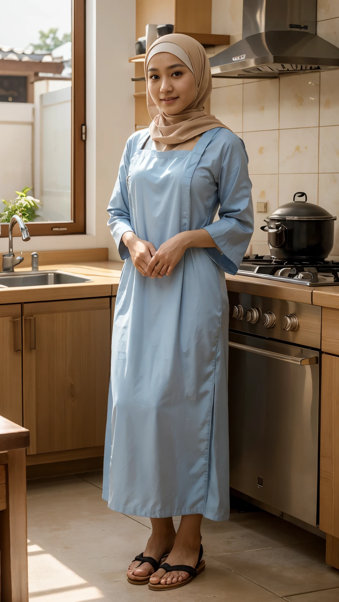 {{masterpiece, best quality, extremely detailed CG, unity 8k wallpaper, cinematic lighting, }}, Sony α7, wide frame, A Korean man crossdressing as a woman wearing perfect loose hijab, no hair seen, pastel abaya dress, and slippers standing in the kitchen with timid pose and serene expression, he is facing to the front, detailed face, detailed clothes, detailed background