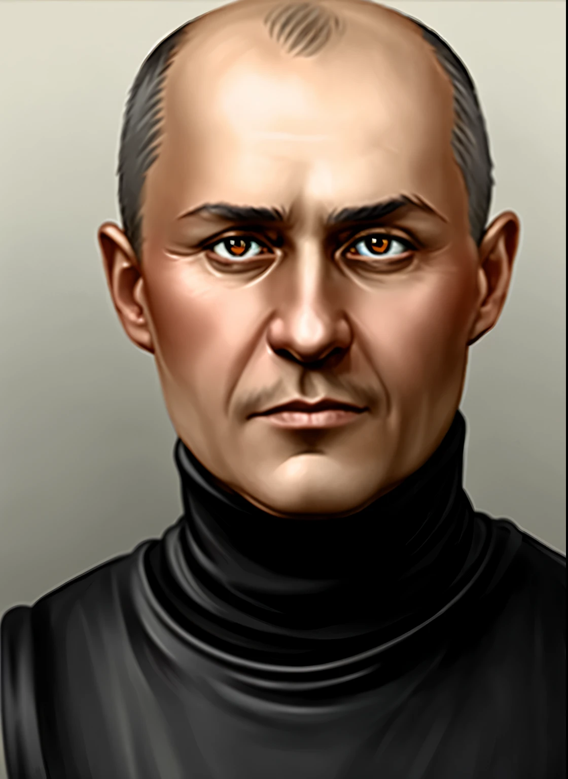 Russian bandit, black turtleneck, short haircut, Tricky glance, Wide jaws, older age, (complex parts, Hyper detailed, muted color:1.0, rim light)