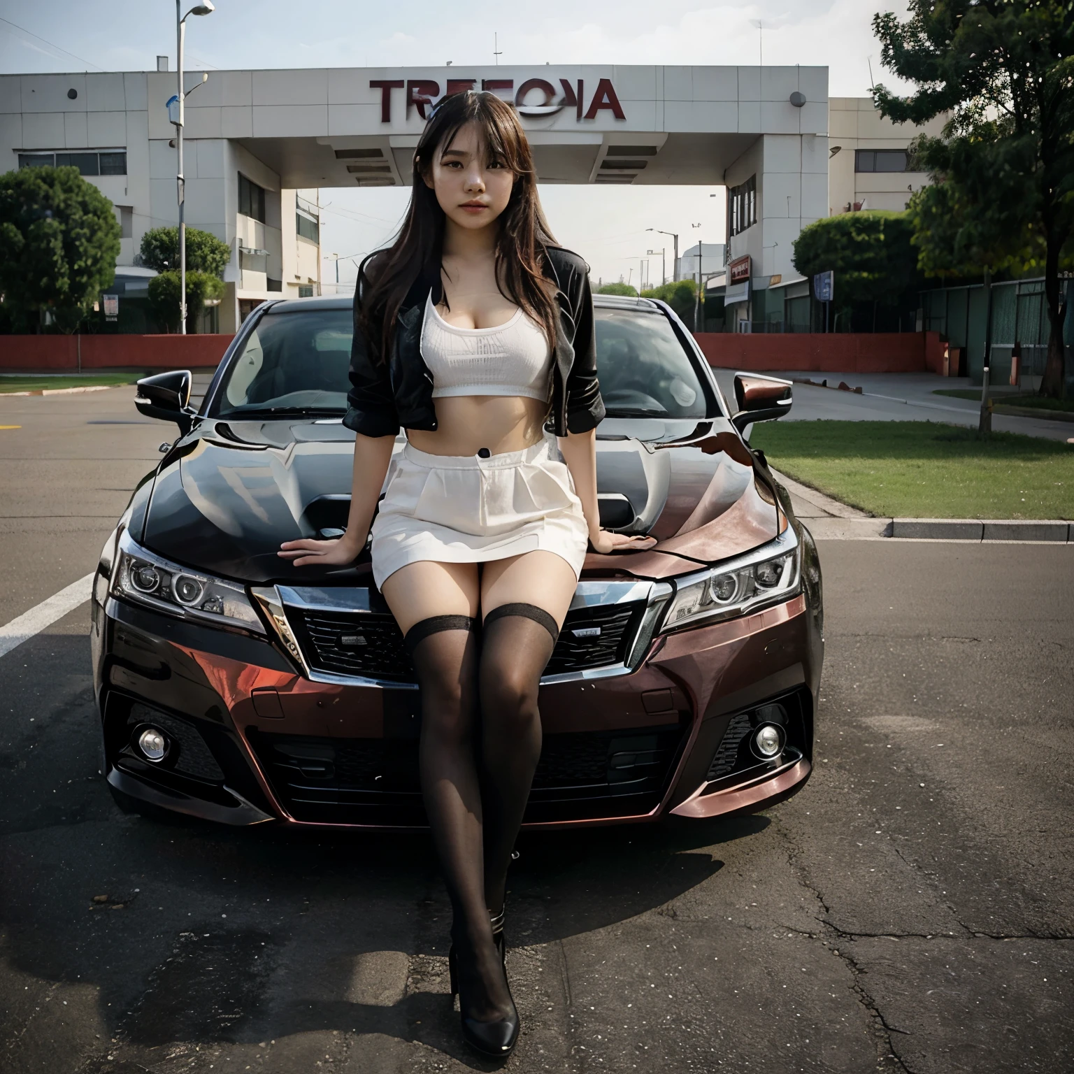 (Photorealistic), (Ultra High Realistic), (Ultra High Definition), (Ultra High Detailed), (1girl), beautiful face, cute face, Face Slimming, Japanese young girl, semi long curly hair, (light Brown hair), ((Slimmer)), ((Waist Slimming)), ((Small buttocks:1.5)), ((Slimmer Legs:1.5)), (small Breasts:1.3), (Cleavage:0.8), ((wearing riders jacket only)), (perfectly shaped Nipples), (Small and beautiful Nipples), (((Supercar on the background))), movie lighting,
