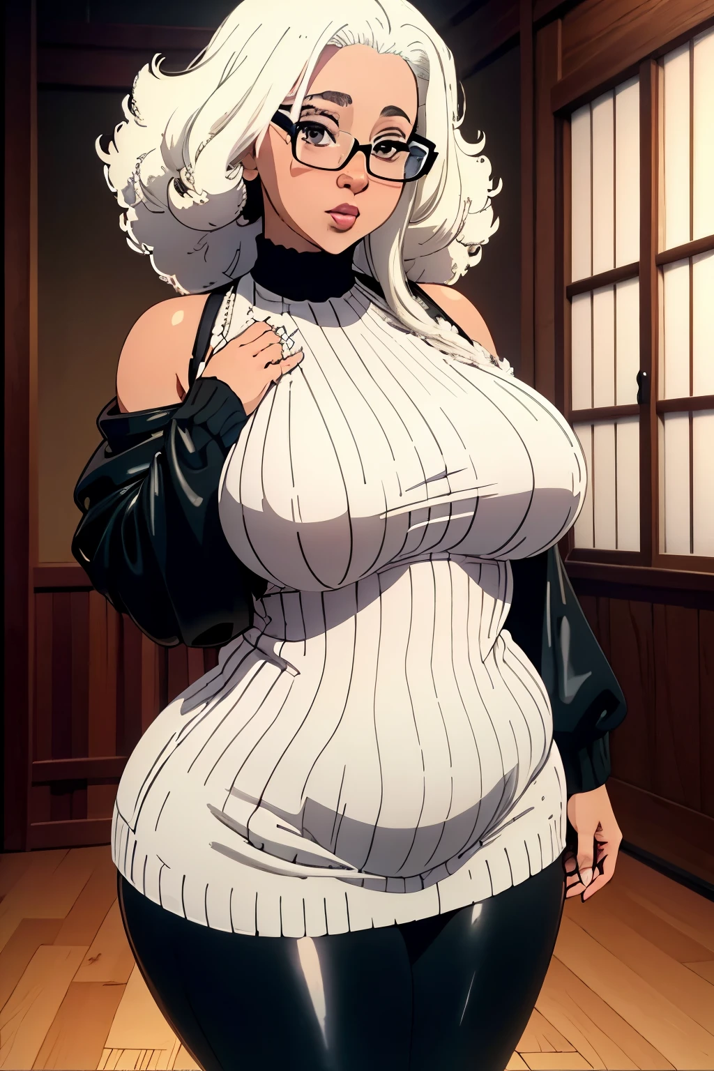 One Women, Albino, chubby-cheeks, pearly curly afro, full lips, small-breasts, plump-butt, off the shoulders sweater, tight black leather pants , glasses , cold vibes, 4k resolution, japanese goddess, voluptuous, looking at viewer, dominant