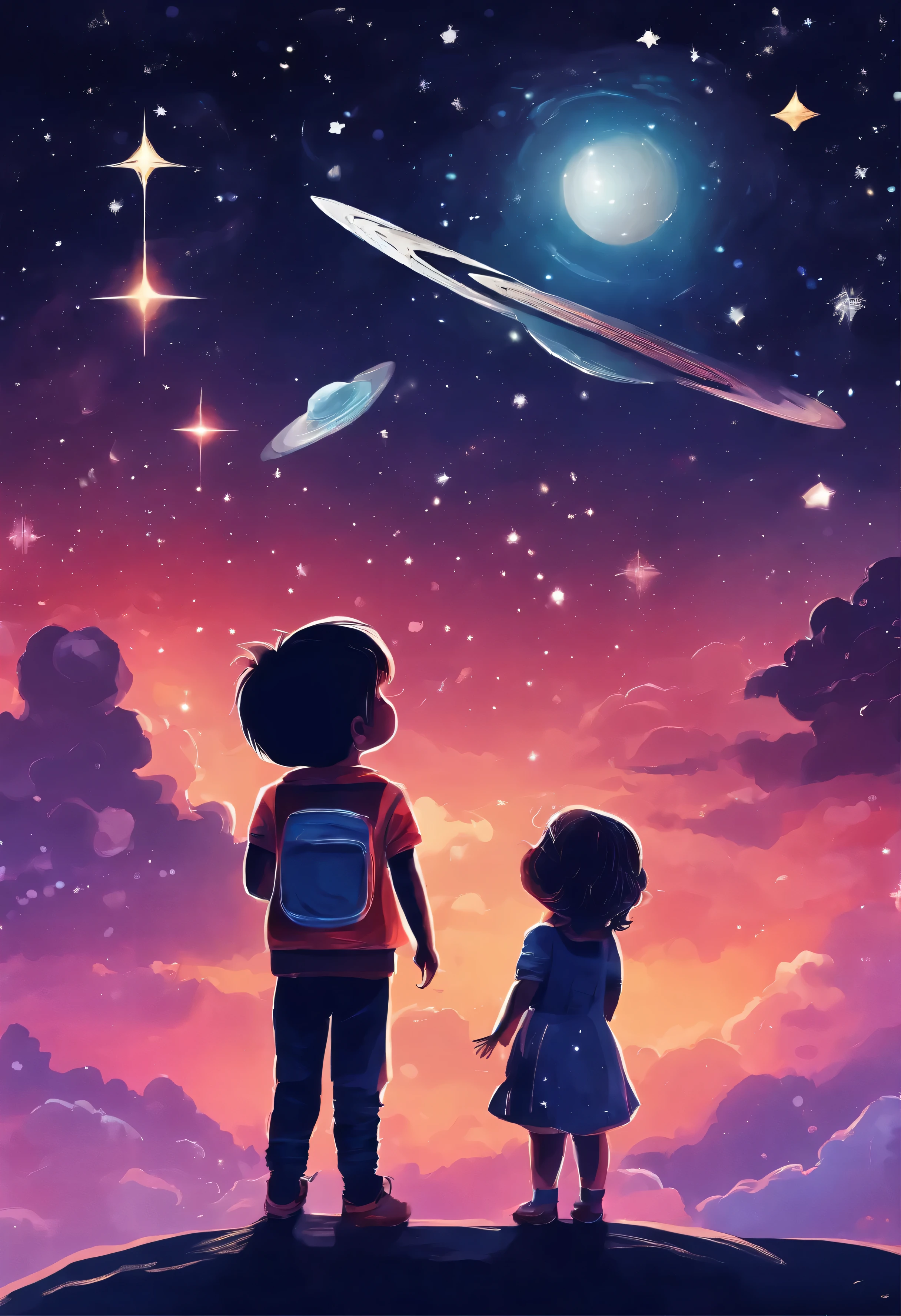 A fun picture of a and girl looking up at the night sky with stars and a shooting star