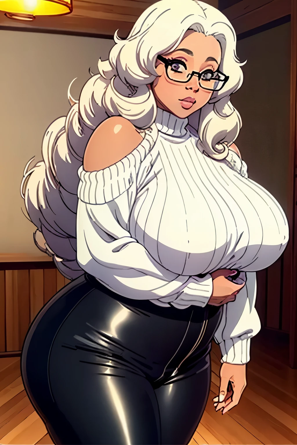 One Women, Albino, chubby-cheeks, pearly curly afro, full lips, small-breasts, plump-butt, off the shoulders sweater, tight black leather pants , glasses , cold vibes, 4k resolution, japanese goddess, voluptuous, looking at viewer, dominant