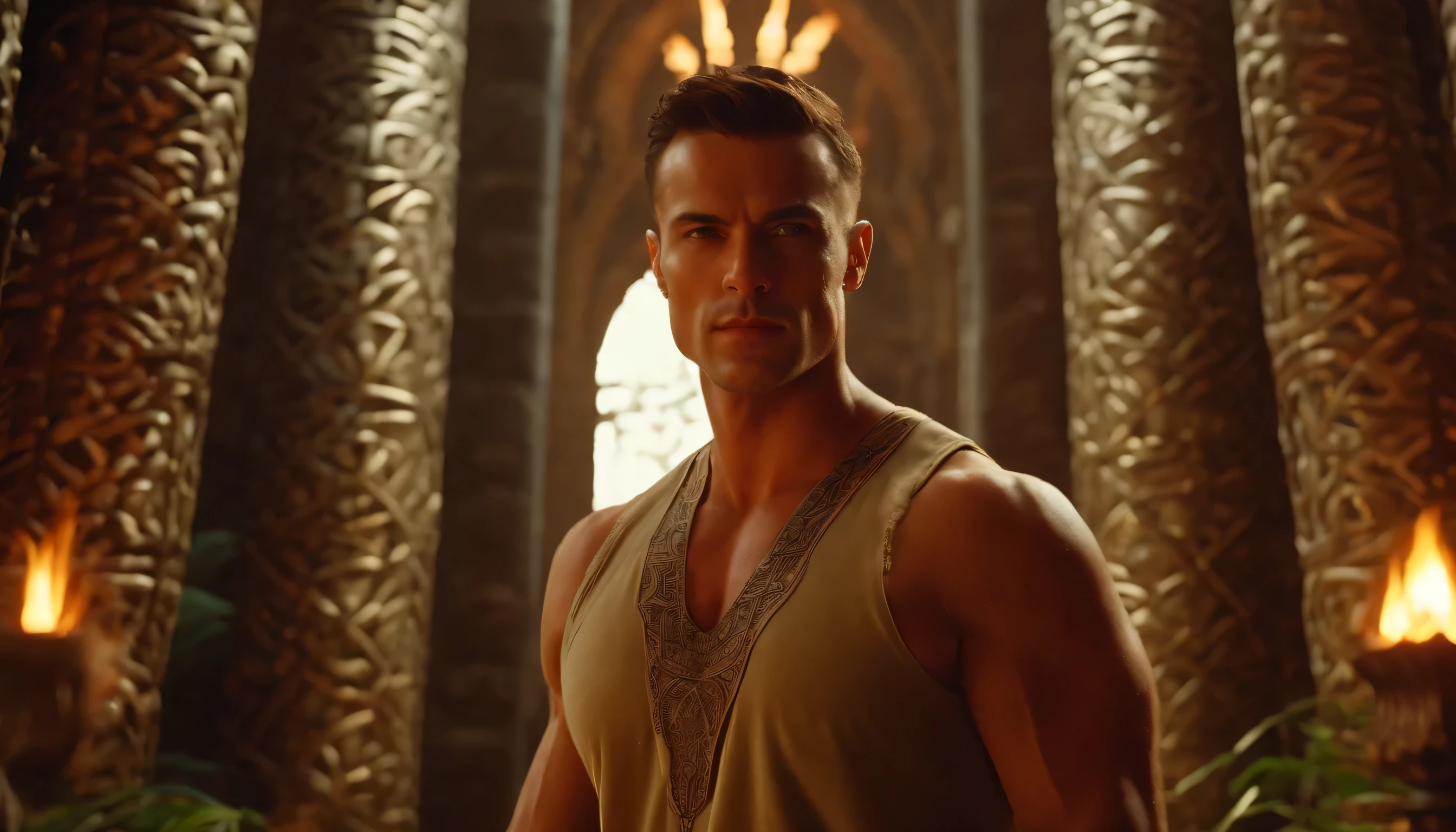 a man in armor standing in front of a fire, apophis, maximus jacobs, egyptian warrior, temuera morrison, vin diesel with a tummy, the egyptian god, jason momoa as assyrian, apocalypto, storm egyptian god, in screenshot from the 300 movie, dwayne johnson as kratos, karl urban as a dragonslayer, ares