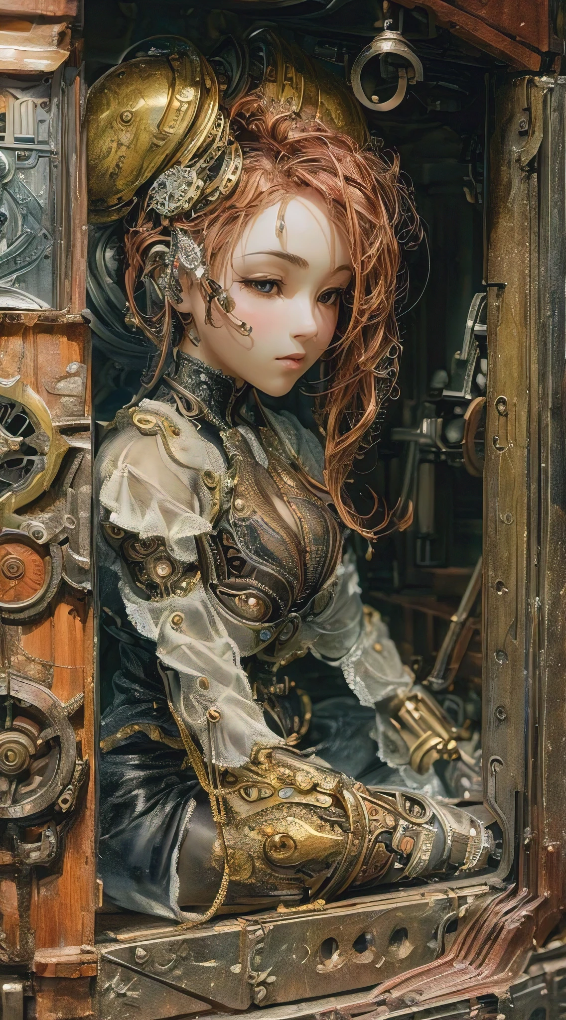 (best quality, masterpiece, ultra-detailed, photorealistic:1.3), an mechanical puppet, sexy female biomechanical built, perfect body, large breasts, intricate mechanical parts, sitting inside a doll house, steampunk influence, clean lines, fantasy