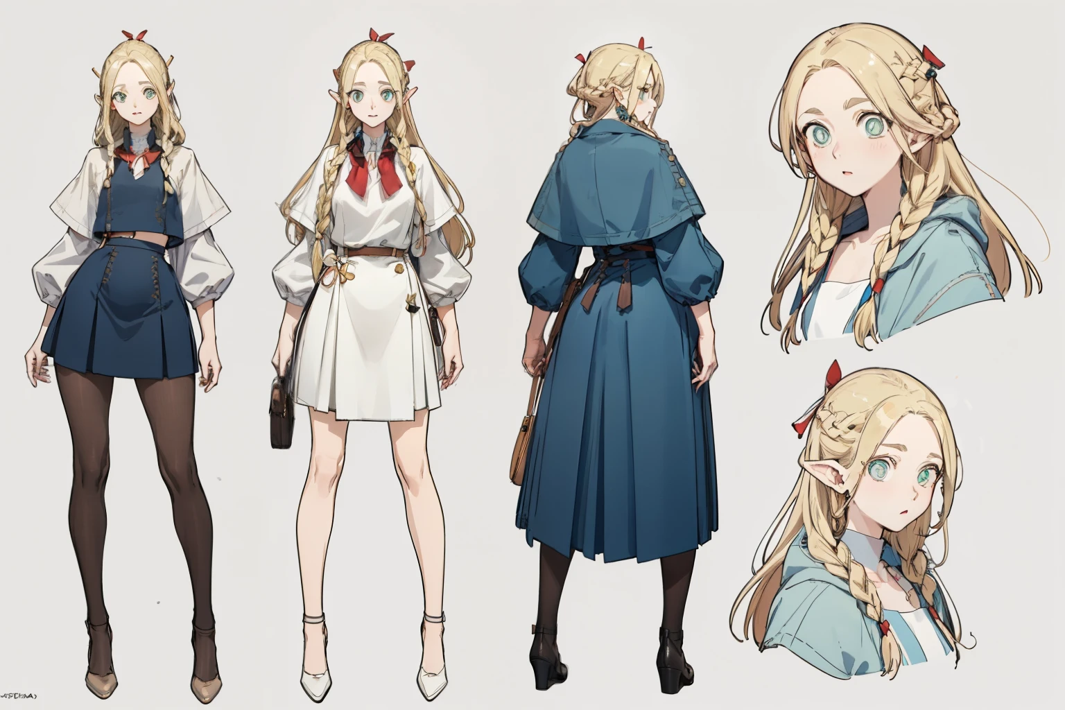 stockings,pantyhose,skirt,white top,fashionable leather shoes, pop color,(whole body,character design sheet,front,Back,side,same characters),long golden hair,thick eyebrows, bust and waist,beautiful blonde,(masterpiece),((best quality)),(super detailed),(beautiful eyes beautiful details eyes,Clean and delicate face,five fingers,Textile shades,anatomical perfection)