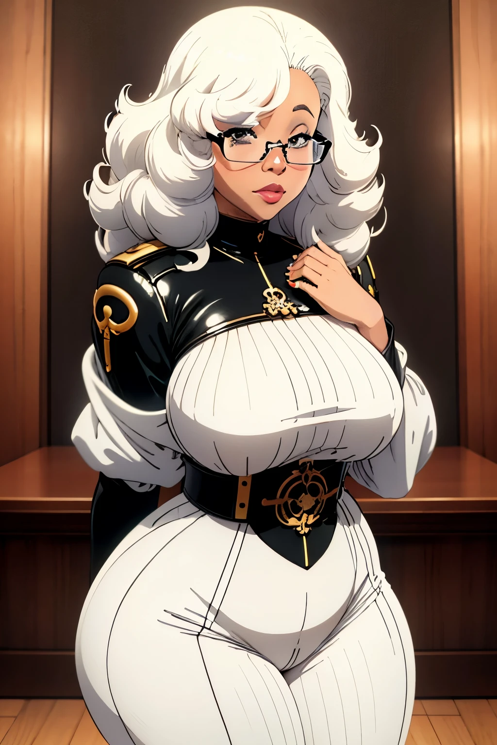 One Women, Albino, chubby-cheeks, pearly curly afro, full lips, small-breasts, plump-butt, off the shoulders white sweater, tight black leather pants , glasses , cold vibes, 4k resolution, japanese goddess, voluptuous, looking at viewer, dominant