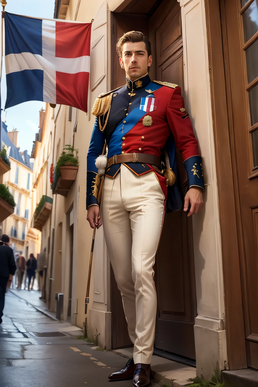((best quality)), ((masterpiece)), (detailed), perfect face, 1 man, French, france flag, 4k, ultra hd real engine, french culture, full body, holding france flag