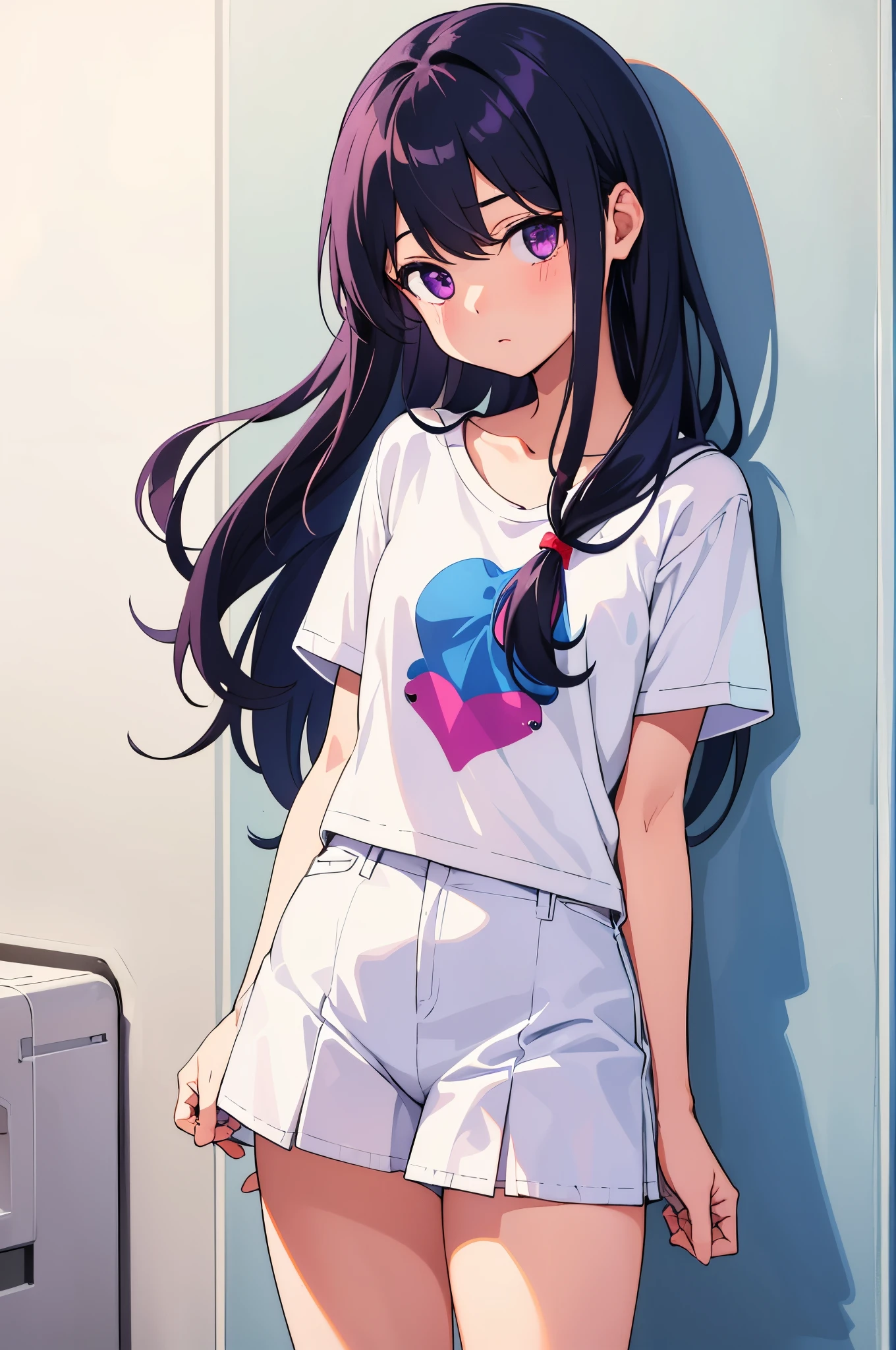 girl's room elementary school girl 8-year-old flat chest black hair long hair eyes are purple ((1 person)) Upper body white short sleeve T-shirt Lower body navy blue denim miniskirt white panties white socks Standing against the wall of the room spread your legs a little((I can see white panties)) from the front dynamic angle Low - Angle