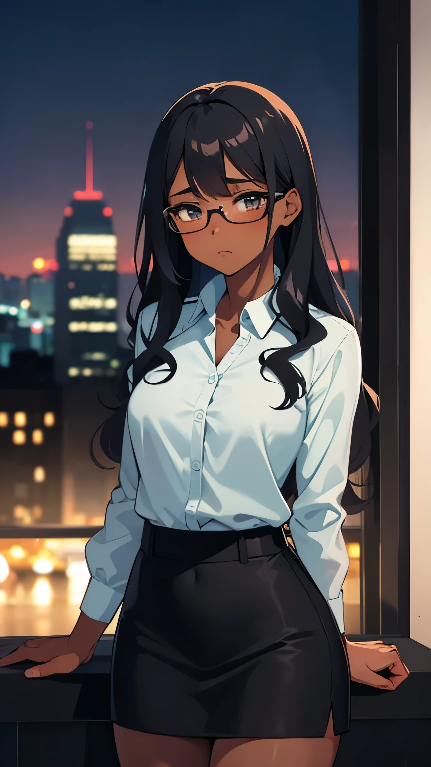 Dark-skinned adult babe, grey eyes, eyeglasses, long curly black hair, long-sleeved unbuttoned cyan blouse, tight short white miniskirt, shy, blushing, crying silently, concerned, standing, looking up, front view, in a bar at night