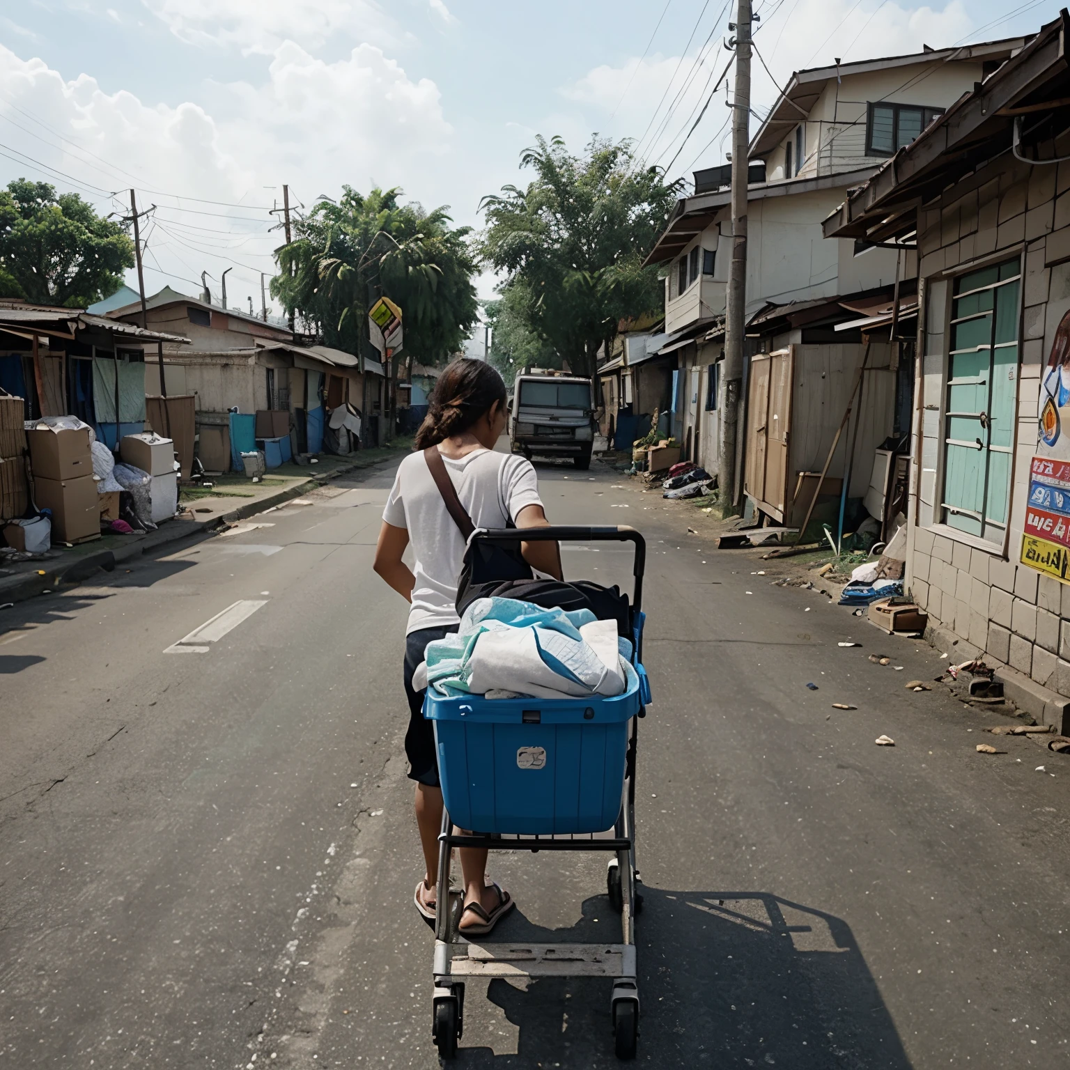 A photo of a homeless mother and her sonturning back while pushing a cart in the squatters area of Philippines make it not easy to istinguish that it is AI generated and make it realistic.