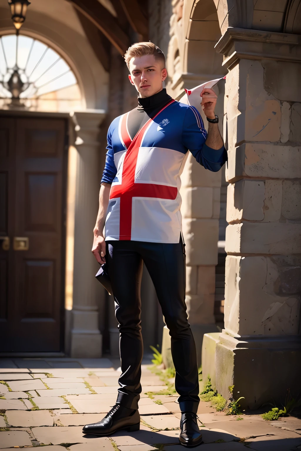 ((best quality)), ((masterpiece)), (detailed), perfect face, 1 man, England, England flag, 4k, ultra hd real engine, England culture, full body, holding England flag