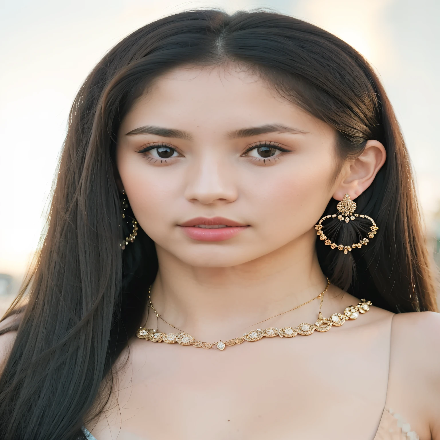 a close up of a woman with long hair wearing a necklace and earrings, port, portrait of Karina of aespa Karina of aespaKarina of aespaKarina of aespaKarina of aespa