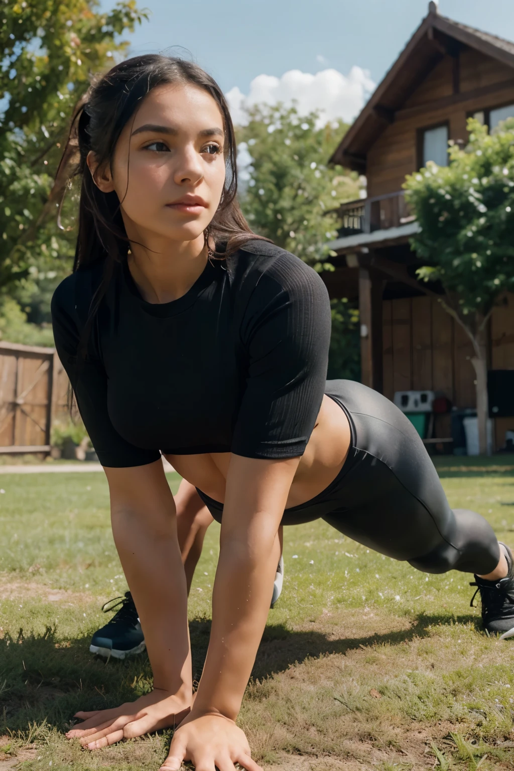 beautiful, young, girl, in the yard, training, Slovenian appearance, big muscles, tight-fitting sportswear, black hair, small breasts, jock, leggings, doing push-ups