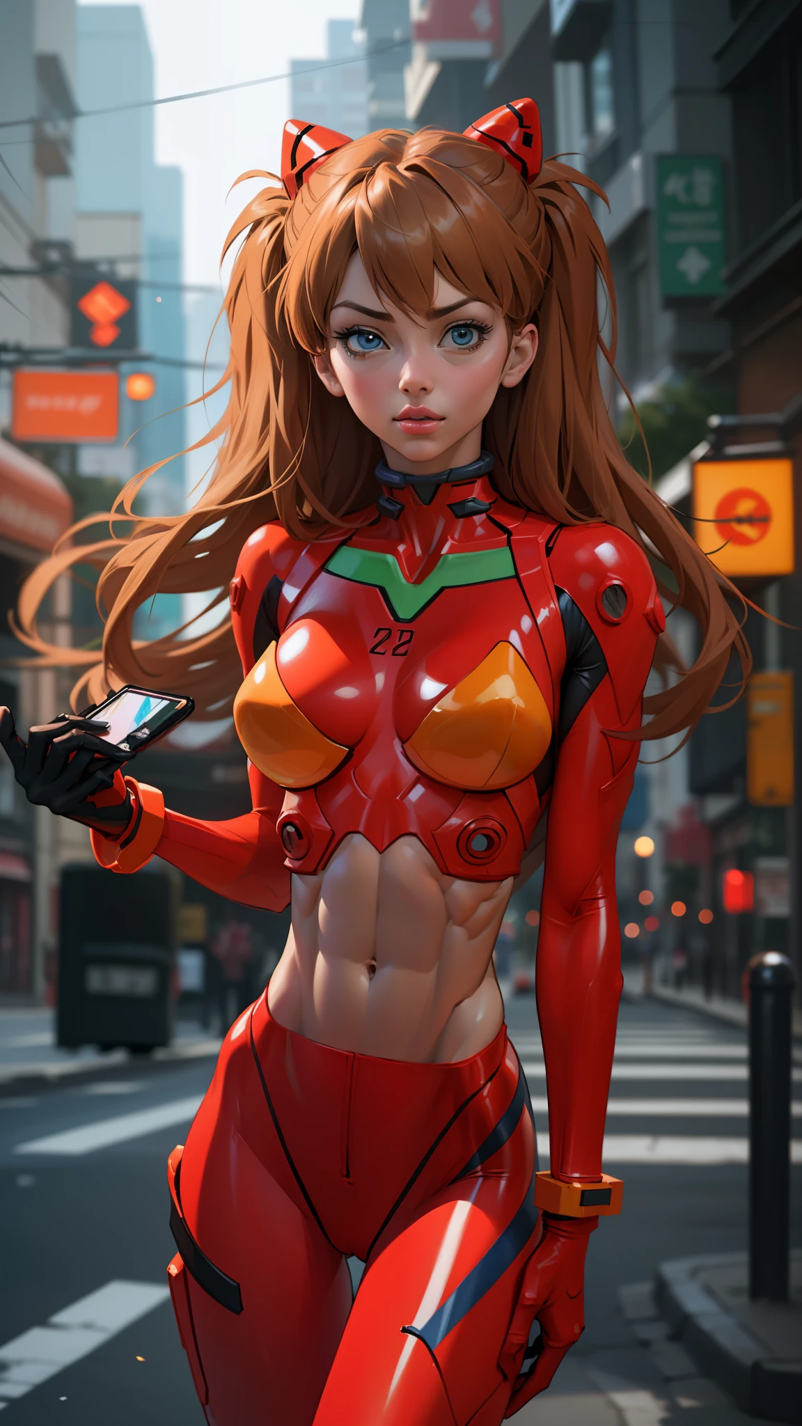 Asuka langley evangelion, a stunning woman, confidently using her phone on a vibrant city street in trendy attire, ((slendered abs:1.4)), ((navel exposed)), ((v cut abs:1.3)), realistic, super detail, ((masterpiece)), (cinematic lighting), ((dark lighting))