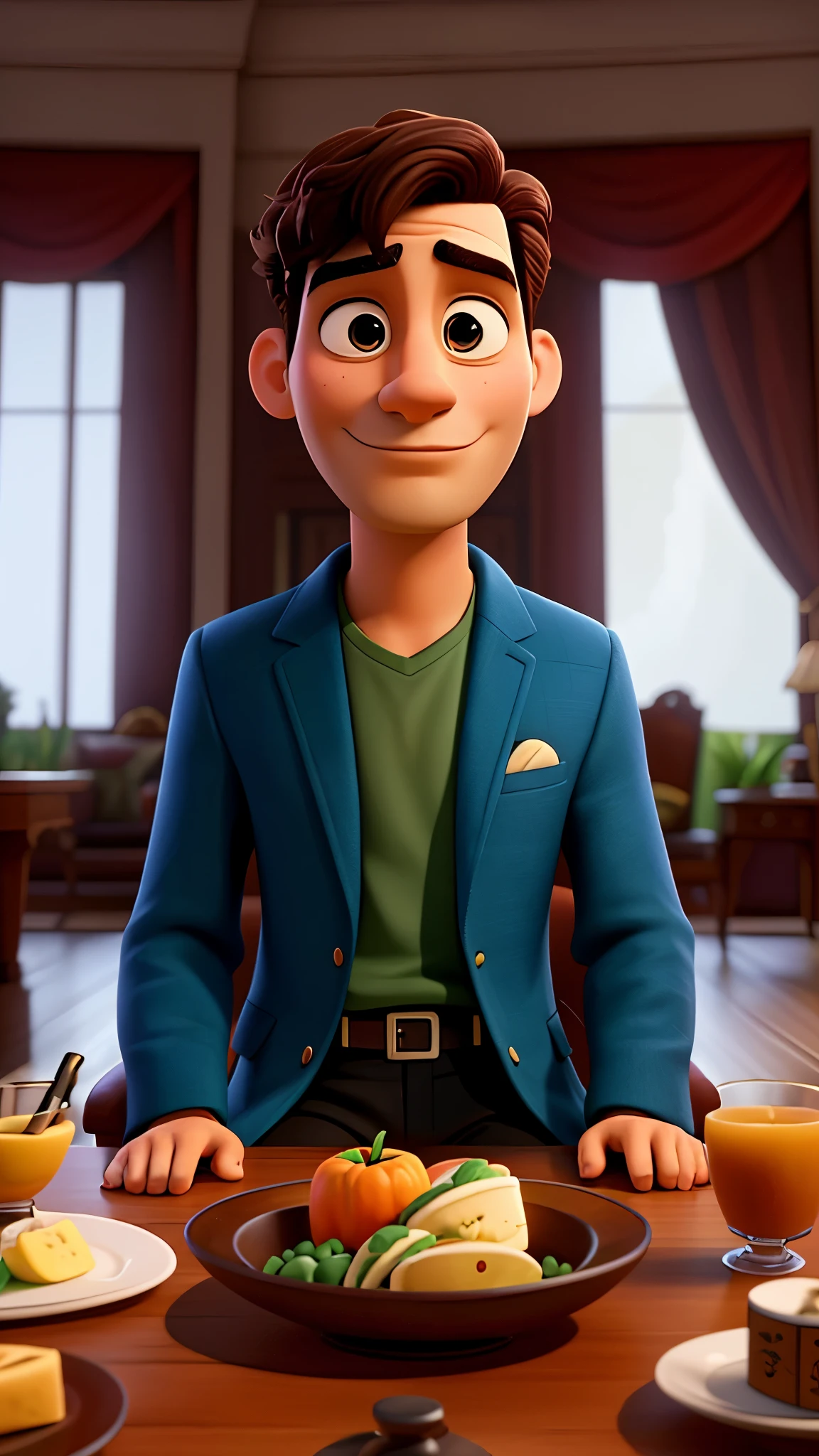 An affluent man sitting alone in a lavish mansion, looking sad and contemplative despite his wealth and possessions. Disney pixar style best quality, maior qualidade.