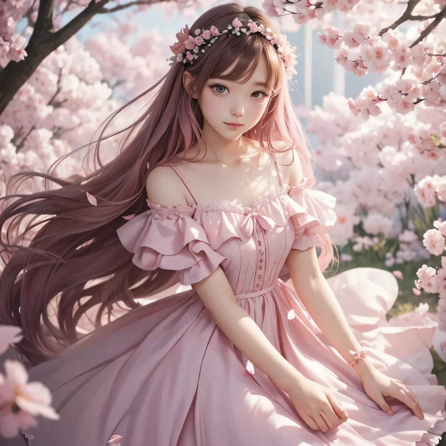 A painting of a woman wearing a pink petal dress、conrad rosette、conrad rosetteのスタイル、pink girl、Inspired by Victor Mosquera、conrad rosetteに触発された、Beautiful artwork illustration、sakura petals around her、fashion illustration、Ison Tanaka、wore a pink dresarie Vasilyev、Blurry and dreamy illustration