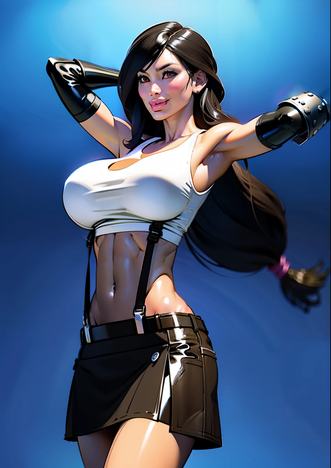 (illustration:1.4), top quality, very delicate and beautiful, high resolution, 1girl, tifa_lockhart, smile, (6 pack abs:1.3), (abs), (gemma chan face:1.3), cowboy shot, suspenders, low rise, mini skirt, tank top, tense shirt, black hair, long hair, elbow gloves, beautiful detailed red eyes, face light, movie lighting, navel, high exposure, abdomen exposure, ribs, abs, (gigantic breasts: 1.4), dynamic poses, dynamic angles,