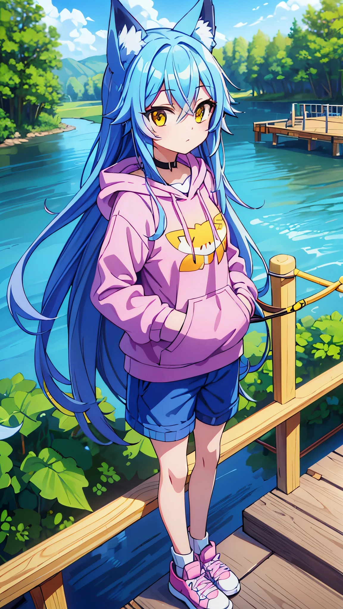 A fox girl with long, straight, blue hair and yellow eyes, wearing a pink hoodie and a pair of shorts, standing on a bridge over a river, holding a fishing rod and catching a fish.