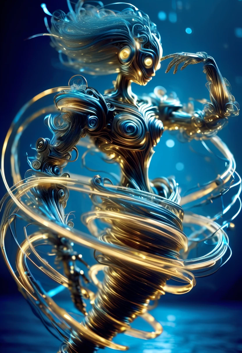 Image: **[Mechanical Puppet]** Descriptive keywords: *A metallic creature with intricate details and moving parts, resembling a marionette.* Photographic style: *Industrial and futuristic, with cold blue lighting highlighting the metallic textures.* Tone: *Mysterious and intriguing* Object: **[Mechanical Puppet]** Action: *The Mechanical Puppet is gracefully dancing with fluid movements, as if performing an elegant ballet.* Create an image of a Mechanical Puppet in an industrial and futuristic setting, captured in cold blue lighting, showcasing intricate metallic details. The tone should evoke a sense of mystery and intrigue, with the puppet gracefully dancing like a marionette brought to life.