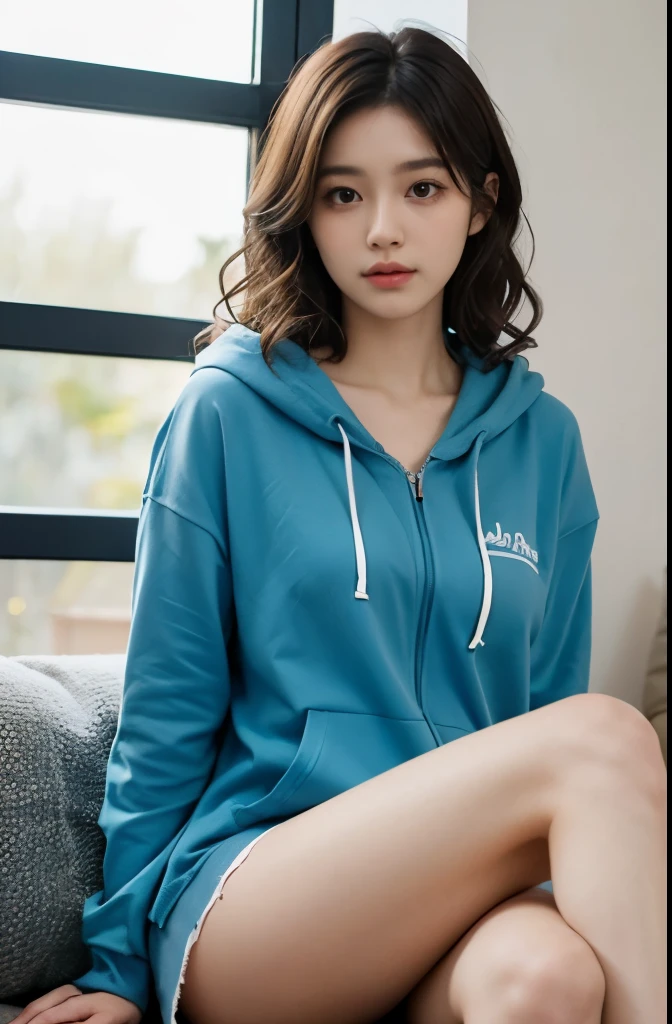 1girl, beautiful, wavy hair, almond eyes, no make up, blue hoodie, panty, sitting in sofa, watching outside window(from below:1.2), (photorealistic:1.2), (ultra realistic:1.3), (very detailed:1.1), ((masterpiece)),sexy,detailed