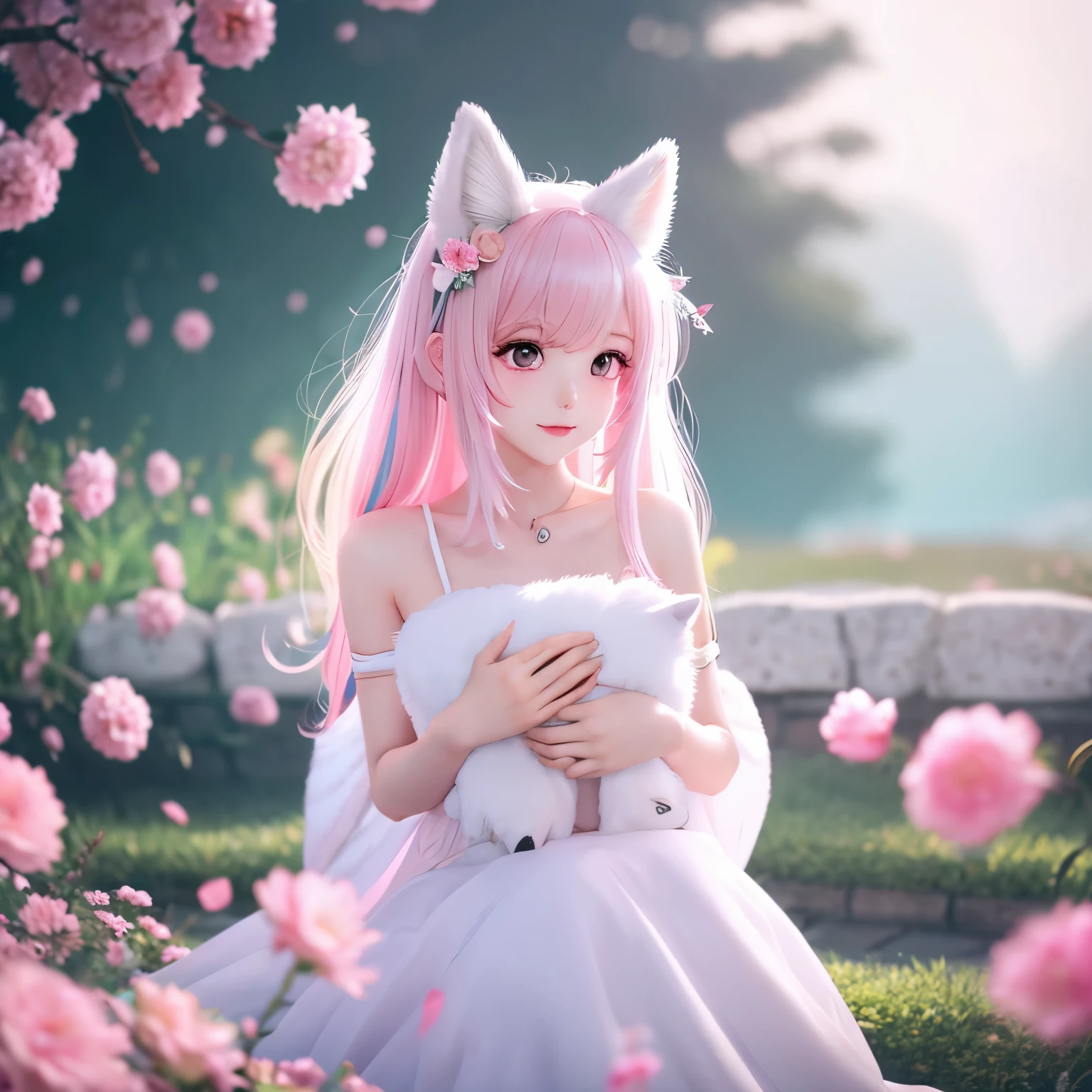 Nine pure white fox tails (1.0), milky white fox tail (1.0), キツネのKyuubiのクローズ アップ, Kyuubi, Kyuubi, Anime girl in a pink dress with pink hair and flowers in her hair, very beautiful anime fox girl, beautiful anime fox girl, beautiful fantasy anime, Gweiz, anime girl with fox ears, beautiful anime girl, very beautiful and cute fox girl, pink flower rain, background blur, anime style 4k, anime fantasy artwork, 4k anime wallpaper, Gubes style artwork