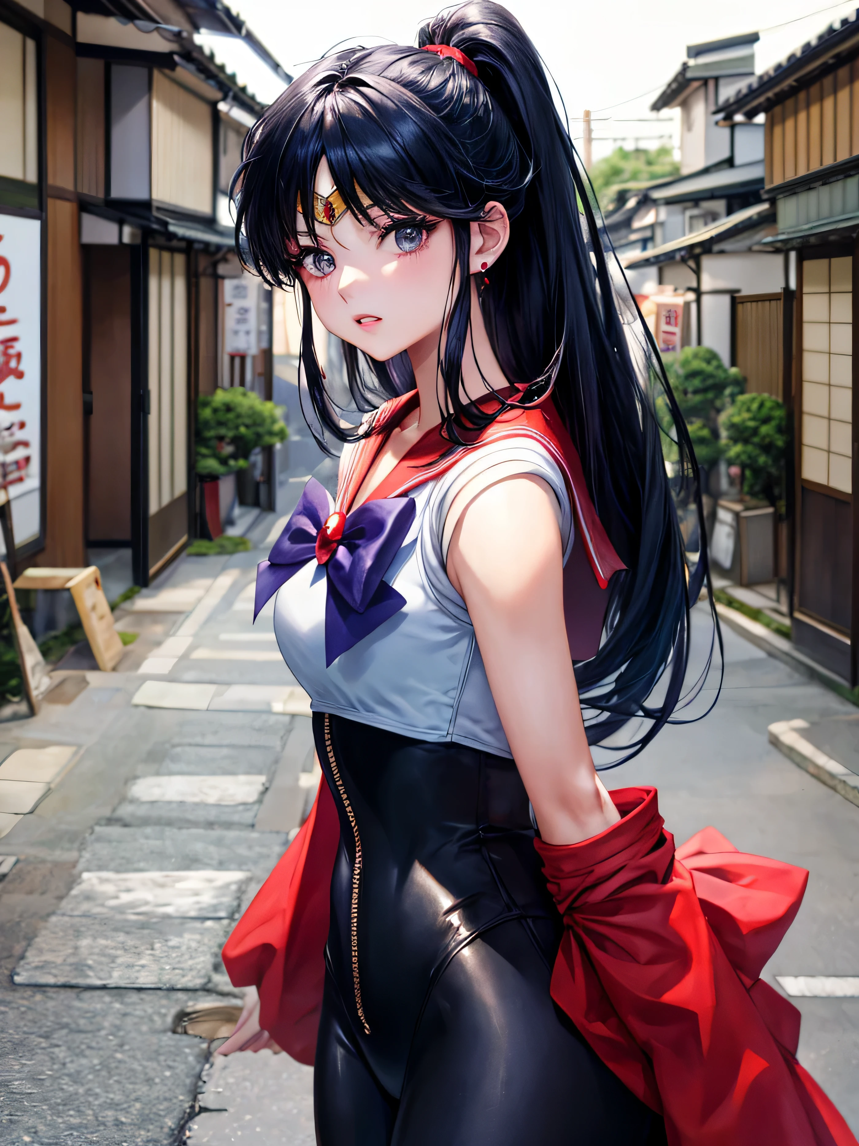 masterpiece, top quality, colorful hair, outdoor, upper body, dark blue, bodysuit, sleeveless, ponytail, cute, asian, center zipper, blonde, Japan person, sailor mars, standing post,