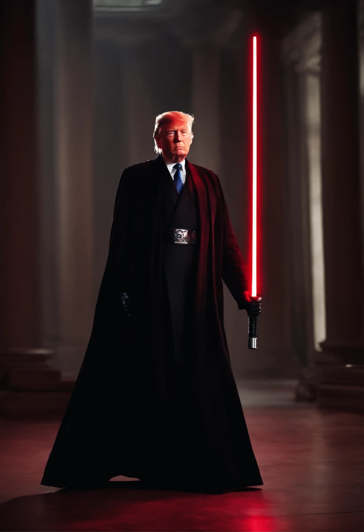 Donald Trump dressed in black robes holding a red lightsaber