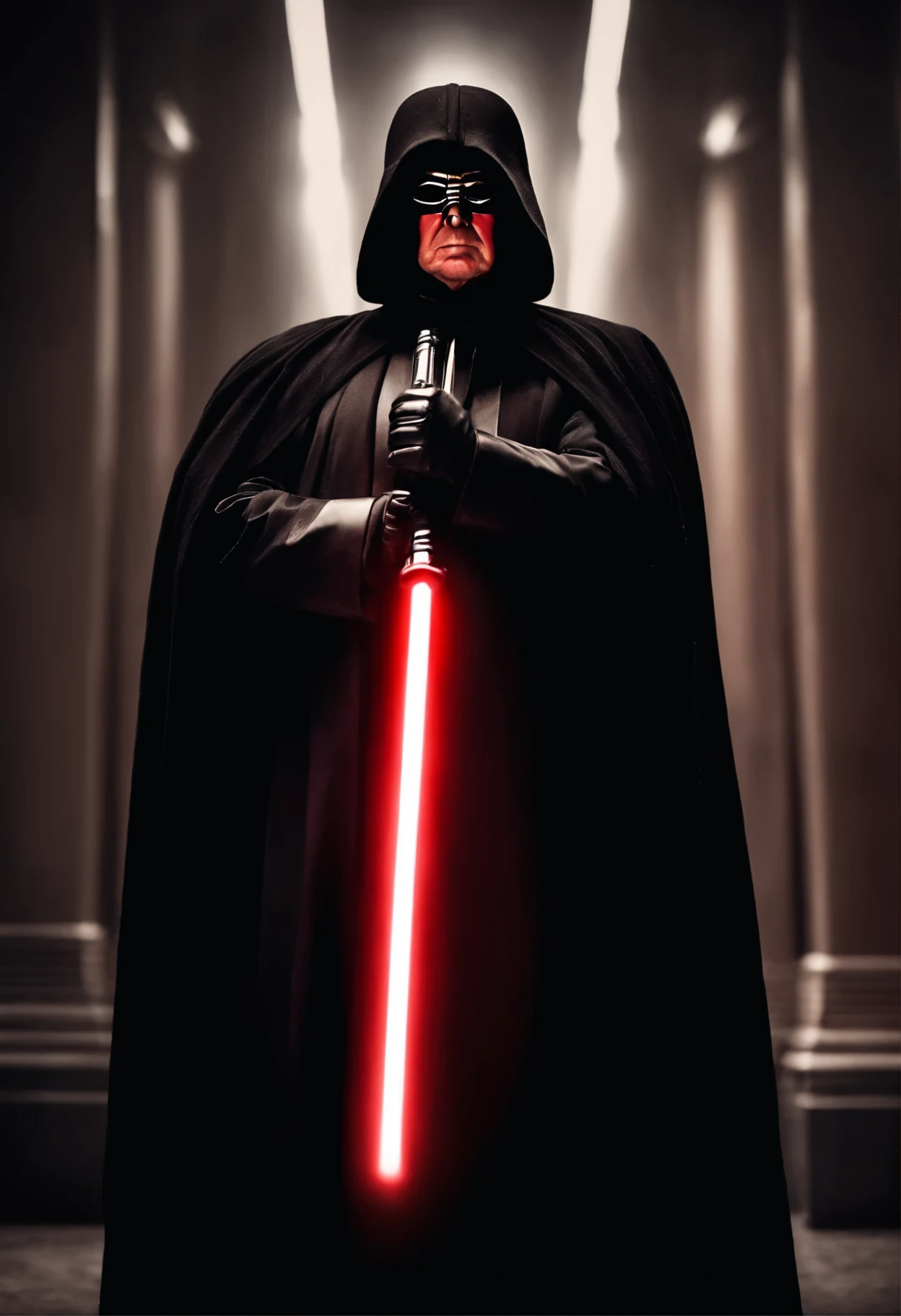 Donald Trump dressed in black robes holding a red lightsaber