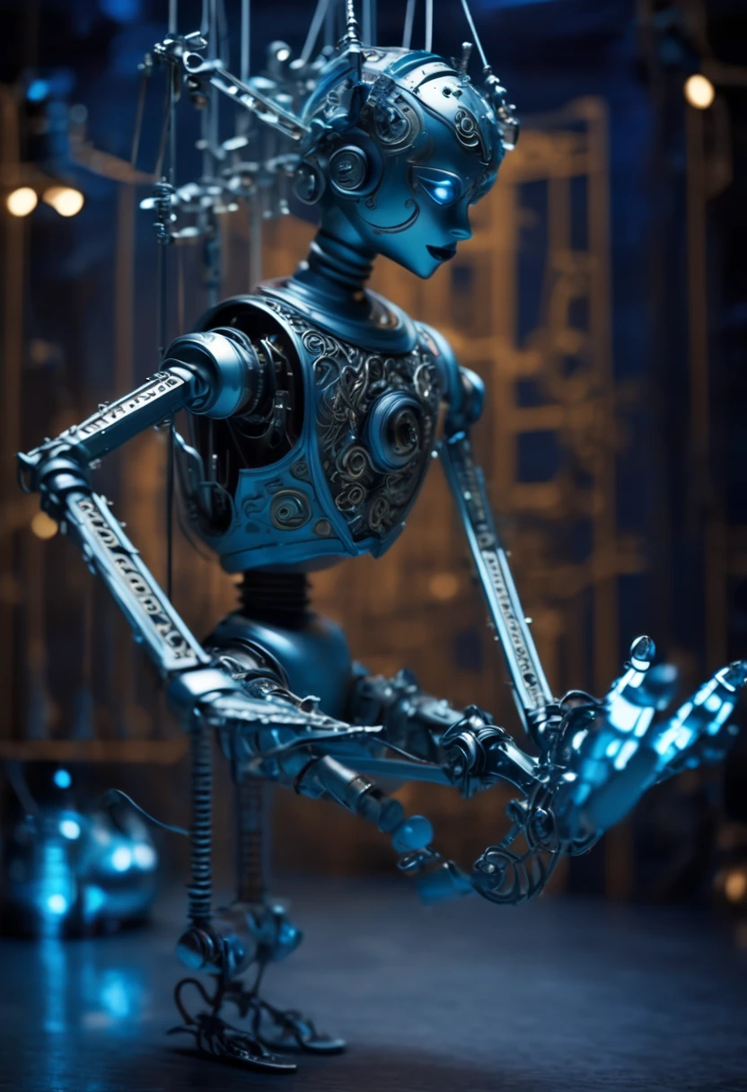 Image: **[Mechanical Puppet]** Descriptive keywords: *A metallic creature with intricate details and moving parts, resembling a marionette.* Photographic style: *Industrial and futuristic, with cold blue lighting highlighting the metallic textures.* Tone: *Mysterious and intriguing* Object: **[Mechanical Puppet]** Action: *The Mechanical Puppet is gracefully dancing with fluid movements, as if performing an elegant ballet.* Create an image of a Mechanical Puppet in an industrial and futuristic setting, captured in cold blue lighting, showcasing intricate metallic details. The tone should evoke a sense of mystery and intrigue, with the puppet gracefully dancing like a marionette brought to life.