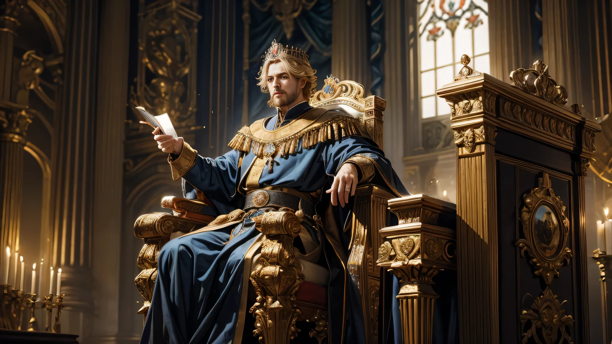 Create a photorealistic, 32K Resolution, high quality, realism, and high detail image of King Henry III. Depict him in regal attire, seated on a throne or standing in a dignified pose, with a crown upon his head and royal insignia nearby. Capture his stern yet thoughtful expression, reflecting the complexities of his reign. Utilize dynamic lighting and composition to convey the gravity and authority of this medieval monarch, emphasizing his role as a pivotal figure in history.