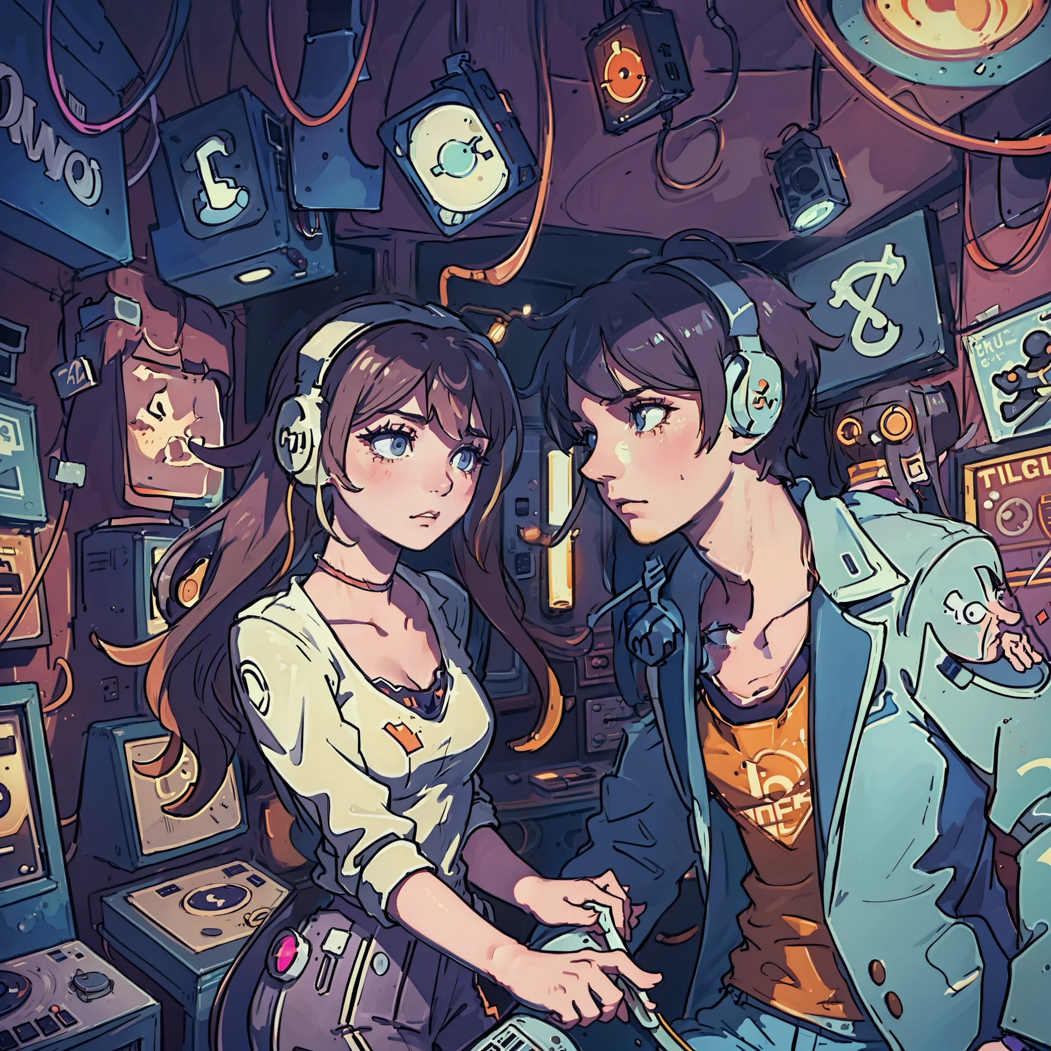 a boy and a girl are listening to music with headphones together in an old vinyl store, a room with a lot of singer poster, 80s style, with neon lights. The atmosphere is sad when the girl wanna break up.