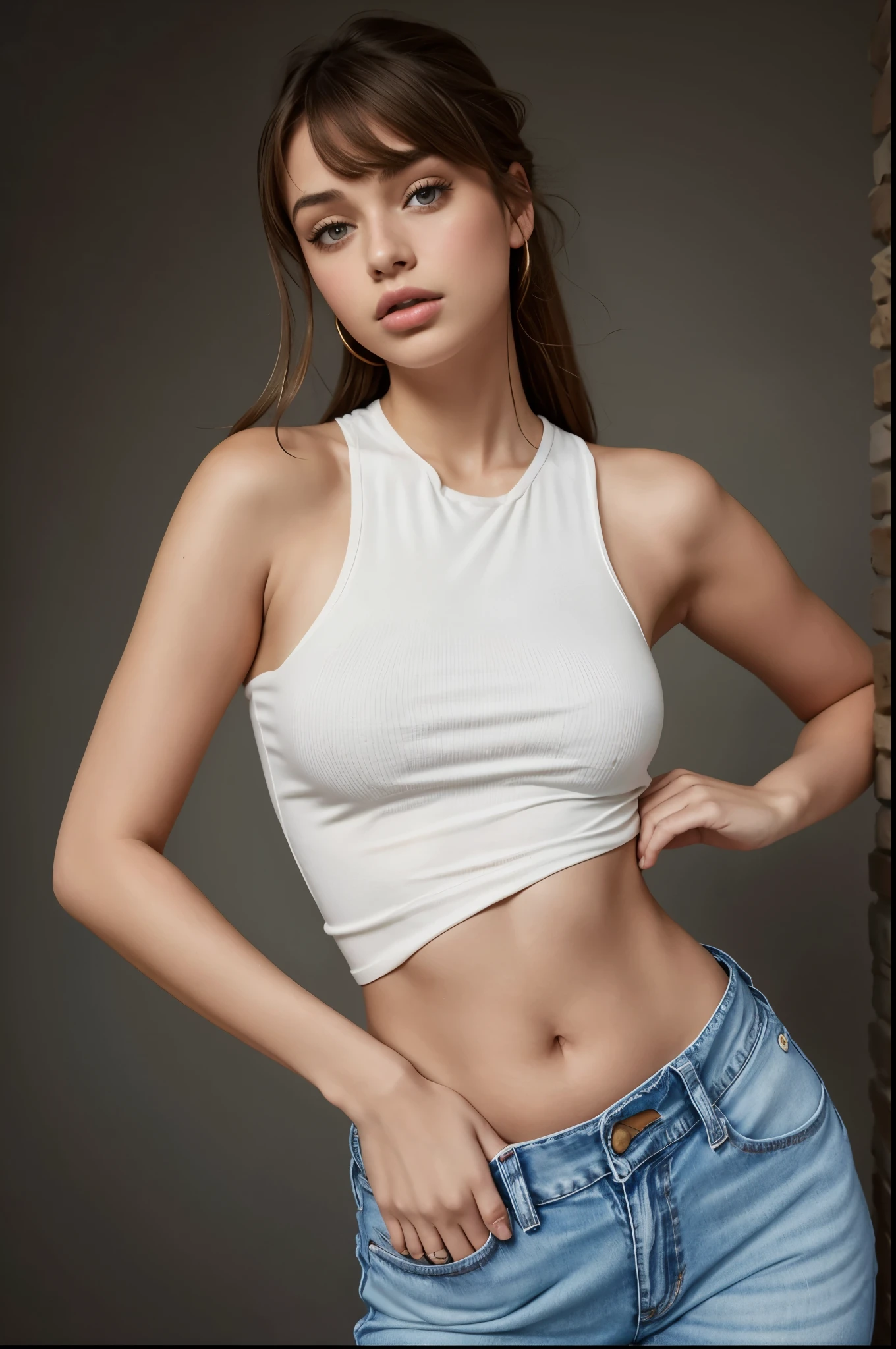 Mulher arrogante em uma regata branca e jeans posando para uma foto, 2 modelo feminino de 4 anos, foto de modelo de garota magra, Retrato de Sophie Mudd, physicist : a menor barriga de todos os tempos, foto adequada, modelo com corpo atraente, peito achatado, usando um top cropped sexy, barriga exposta, a menor barriga de todos os tempos