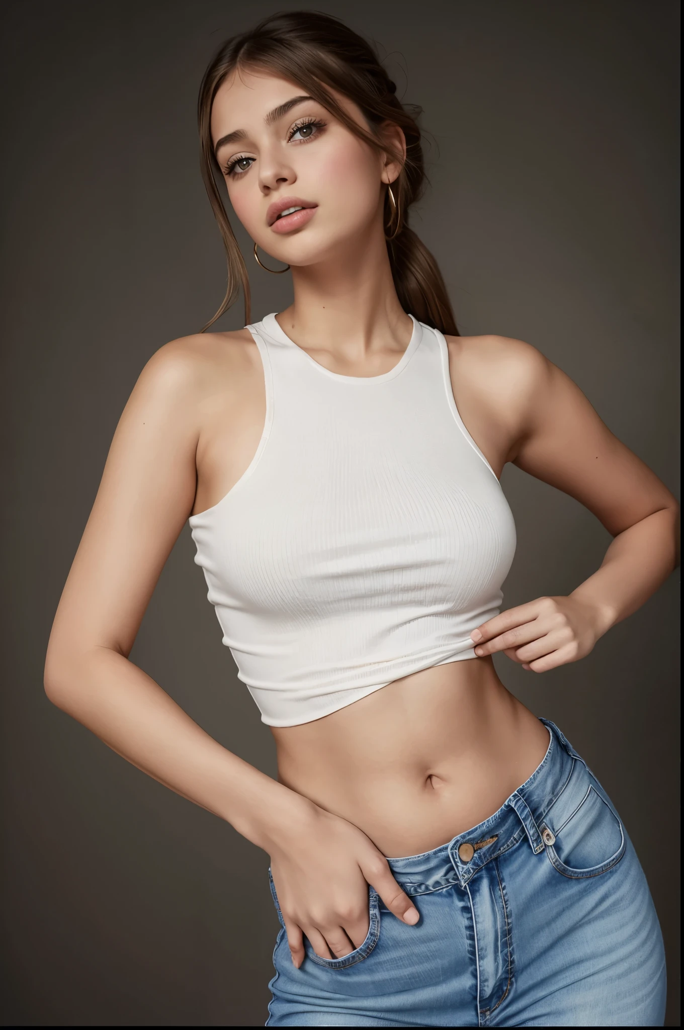 Mulher arrogante em uma regata branca e jeans posando para uma foto, 2 modelo feminino de 4 anos, foto de modelo de garota magra, Retrato de Sophie Mudd, physicist : a menor barriga de todos os tempos, foto adequada, modelo com corpo atraente, peito achatado, usando um top cropped sexy, barriga exposta, a menor barriga de todos os tempos