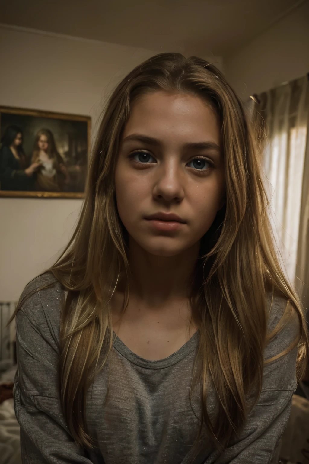 (best quality,8k,ultra-detailed,masterpiece:1.2),beautiful and aesthetic,hyperrealism,photography,portrait,beautiful girl, teenager, grey eyes, long golden blonde hair, sad expression, room old hostal, bloody clothes, tears in face.