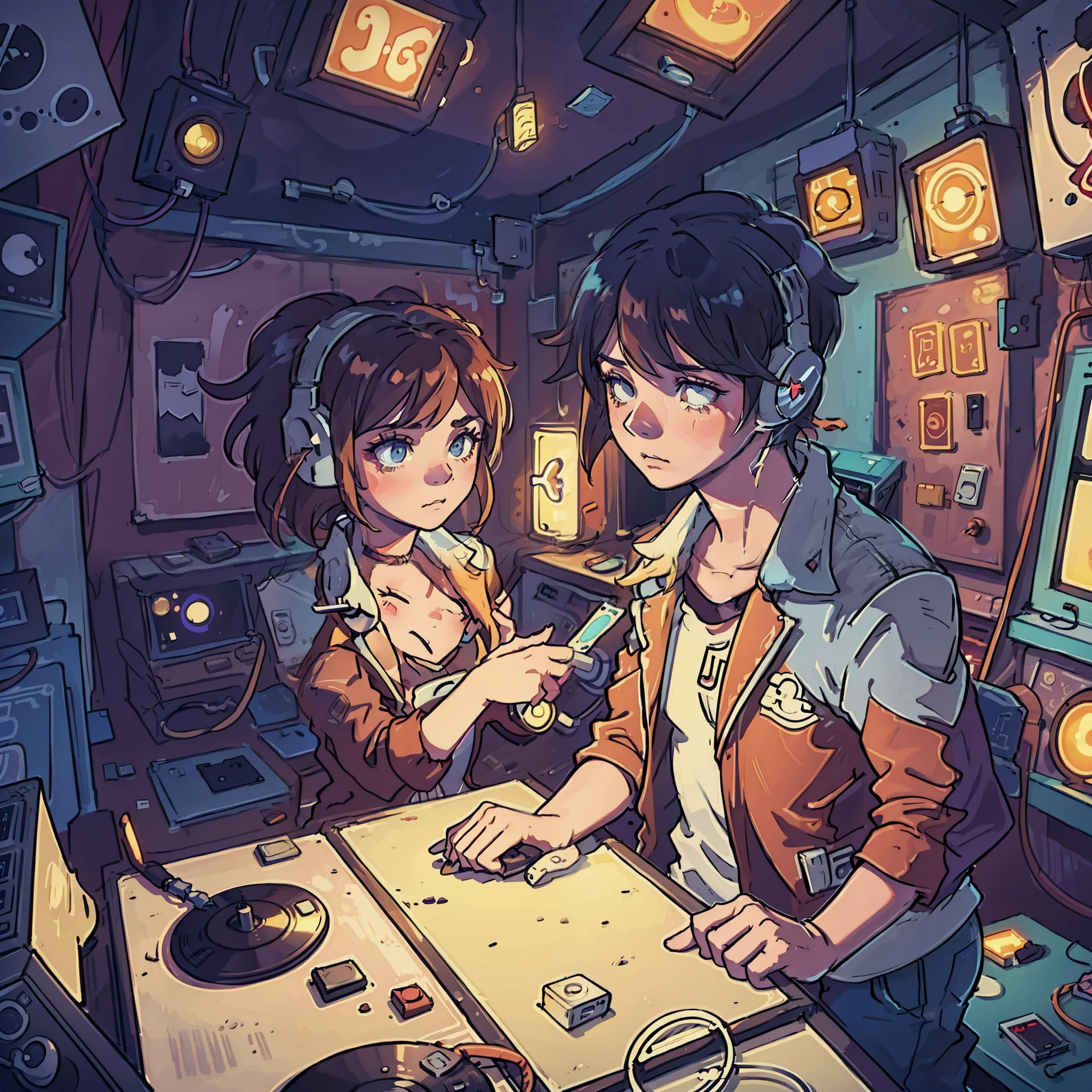 a boy and a girl are listening to music with headphones together in an old vinyl store, a room with a lot of singer poster, 80s style, with neon lights. The atmosphere is sad when the girl wanna break up.