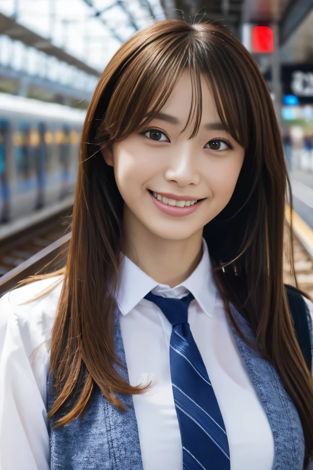 High resolution, RAW photo, realistic, very delicate and beautiful, very detailed, finely, very detailed CG unity 8k wallpaper, super detailed, (highest quality, 8k, 32K, masterpiece, Hmm:1.2), cute japanese model pictures, JK uniform, Blue plaid pleated skirt, tie, brown cardigan, beautiful and detailed face, Beautiful clear long eyes, delicate figure, expensive, skinny, medium straight hair, innocent smile, upper teeth, outdoors, Walk along the station platform, surreal, real anime girl,