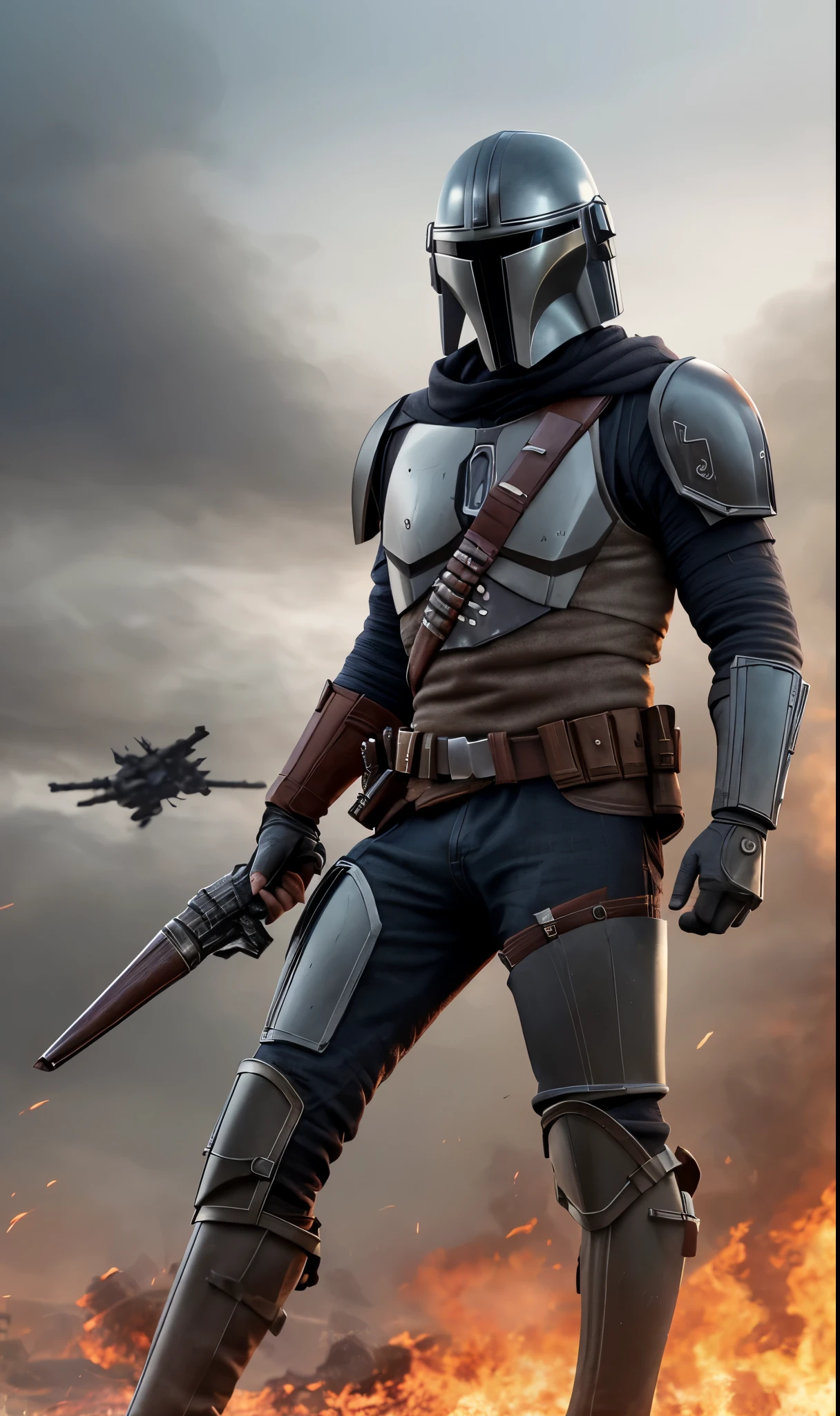 Extremely detailed and ultra - realistic full body illustration of The Mandalorian, his helmet retaining the trademark winged A design of his classic mask, blended seamlessly with the traditional Mandalorian T - visored helmet. The helmet's reflection captures the intensity of the battle scene around him. His posture is vigilant and ready for combat. The backdrop is a gritty, smoke - filled battlefield under an overcast sky, as if rendered by Unreal Engine 5, giving a tangible sense of looming danger and high stakes. This piece carries an anime influence as inspired by the Niji model, adding a stylized edge to the hyper - realism. Portrait orientation with a ratio of 9: 16 completes the epic composition.,