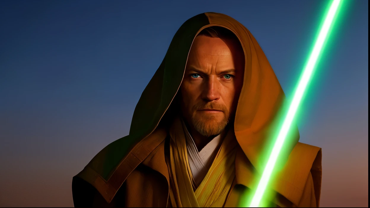 um close up de um homem em um manto segurando um sabre de luz, Obi Wan Kenobi, Obi-Wan Kenobi, Travis Fimmel como um Mestre Jedi, Jedi, Mestre Jedi, a christian jedi, Jedi com sabre de luz, vestindo vestes Jedi marrons, joe biden is obi - wan kenobi, vestindo vestes Jedi, Walter White como um Jedi