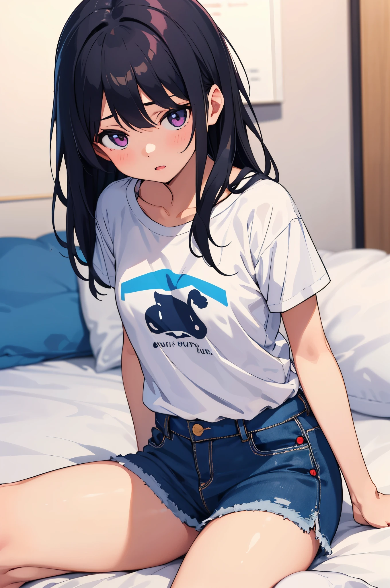 girl&#39;s room　 girl　8-year-old　flat chelack r　long hair　eyes are purple　（（1 person））　Upper body white short sleeve T-shirt　Lower body navy blue denim miniskirt　white panties　white socks　lying on the bed　spread your legs a little（（I can see white panties））　dynamic angle　Low - Angle