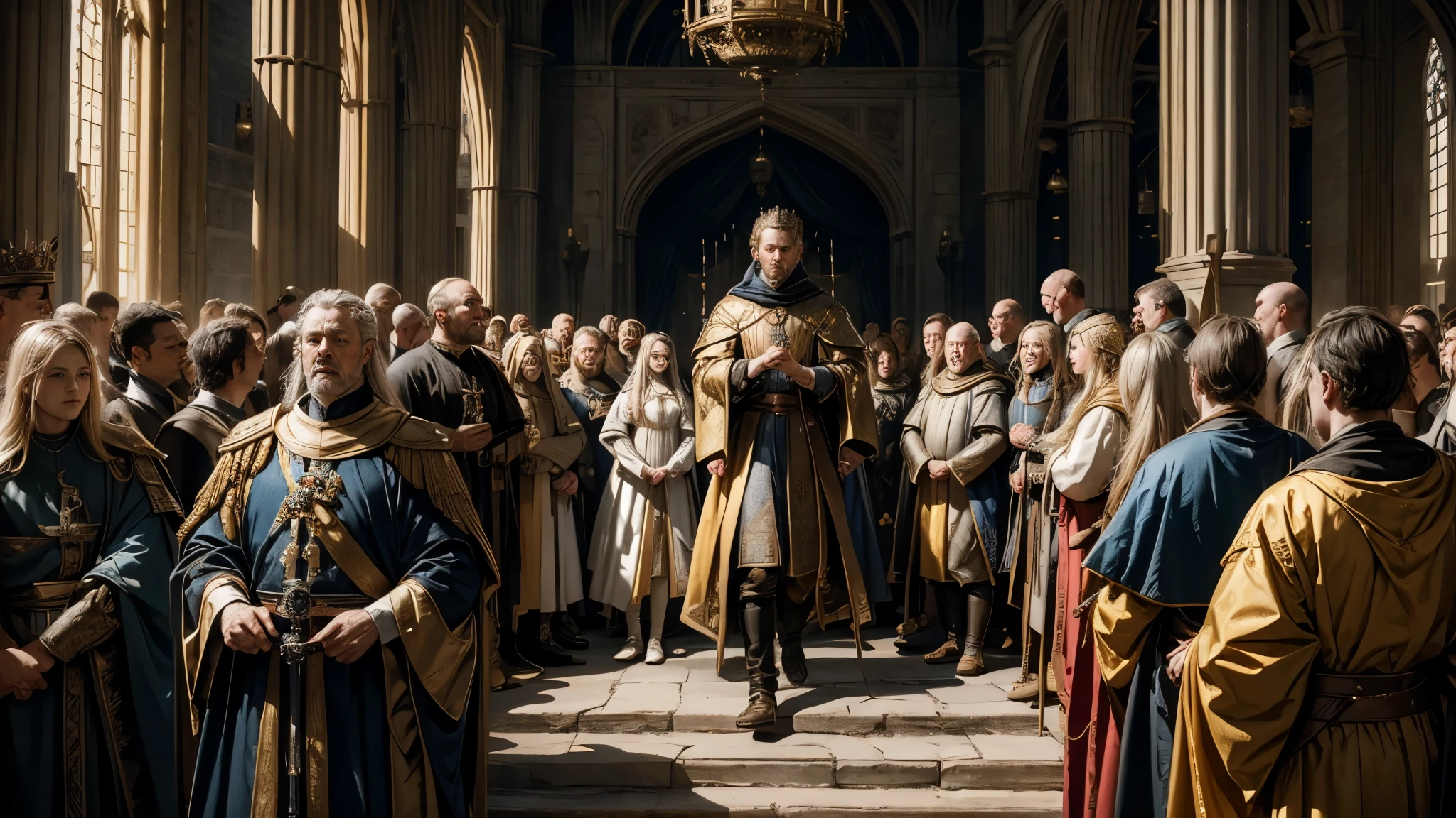 Create a photorealistic, 32K Resolution, high quality, realism, and high detail image depicting the young King Henry III ascending to the throne at the age of nine in the year 1216, following the death of his father. Show him surrounded by advisors and courtiers, with a mix of solemnity and uncertainty on his face as he assumes the weighty responsibilities of kingship at such a tender age. Utilize dynamic lighting and composition to convey the sense of transition and the beginning of a new era in medieval England's history.