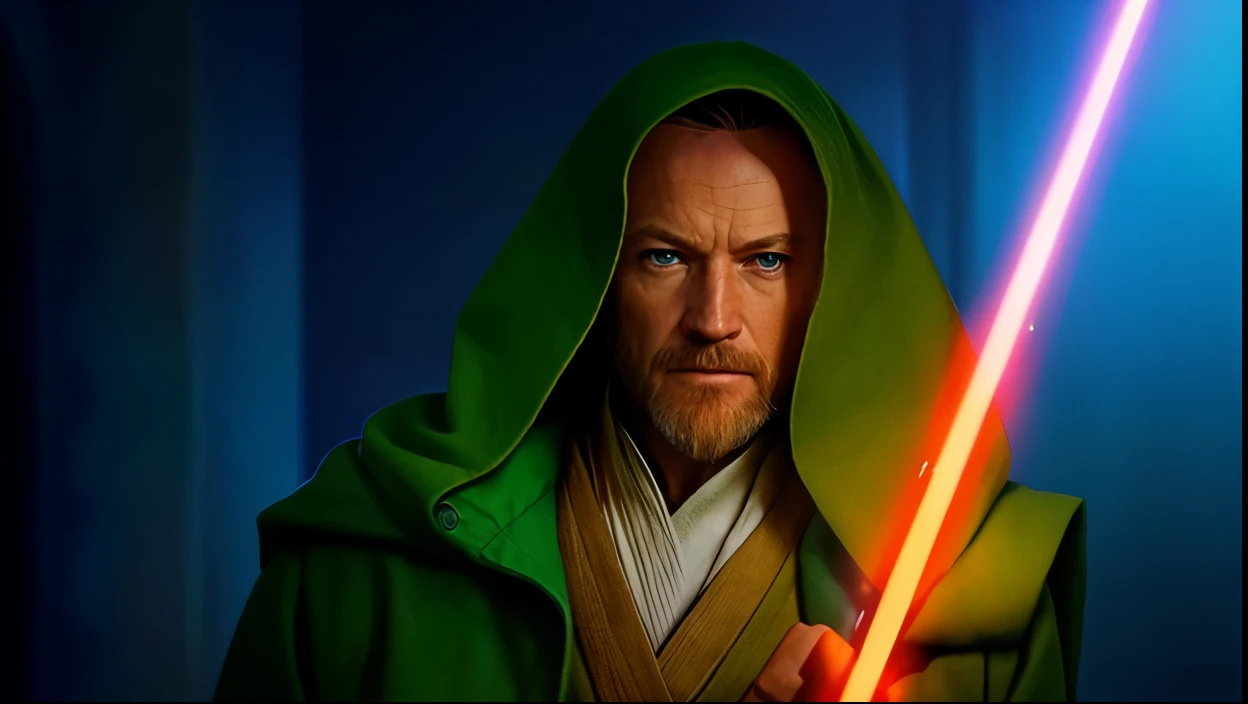 um close up de um homem em um manto segurando um sabre de luz, Obi Wan Kenobi, Obi-Wan Kenobi, Travis Fimmel como um Mestre Jedi, Jedi, Mestre Jedi, a christian jedi, Jedi com sabre de luz, vestindo vestes Jedi marrons, joe biden is obi - wan kenobi, vestindo vestes Jedi, Walter White como um Jedi