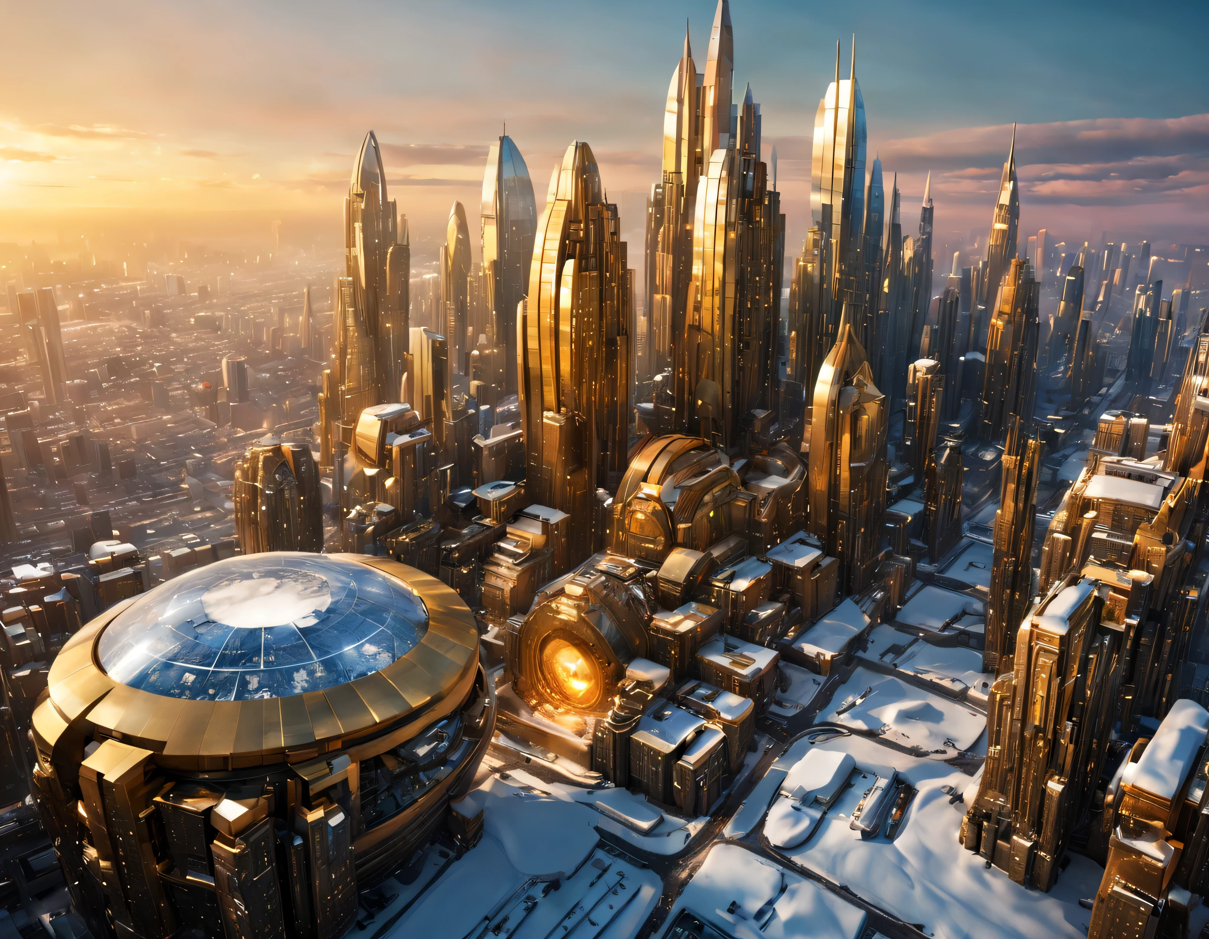 (golden hour lighting),en un hambiente nevado hay una megacity, megalopolis of an imaginary world of science fiction and maximum fantasy, con inmensos edificios ovalados y dodecaedricos agrupados de metal y cristal donde predomina los anuncios luminosos de colores. imagen bien definida 8k, (intrincados detalles de la maquina), con muchos edificios juntos.(obra maestra de superior calidad).(imagen fotorrealista), nitidez absoluta hasta el fondo