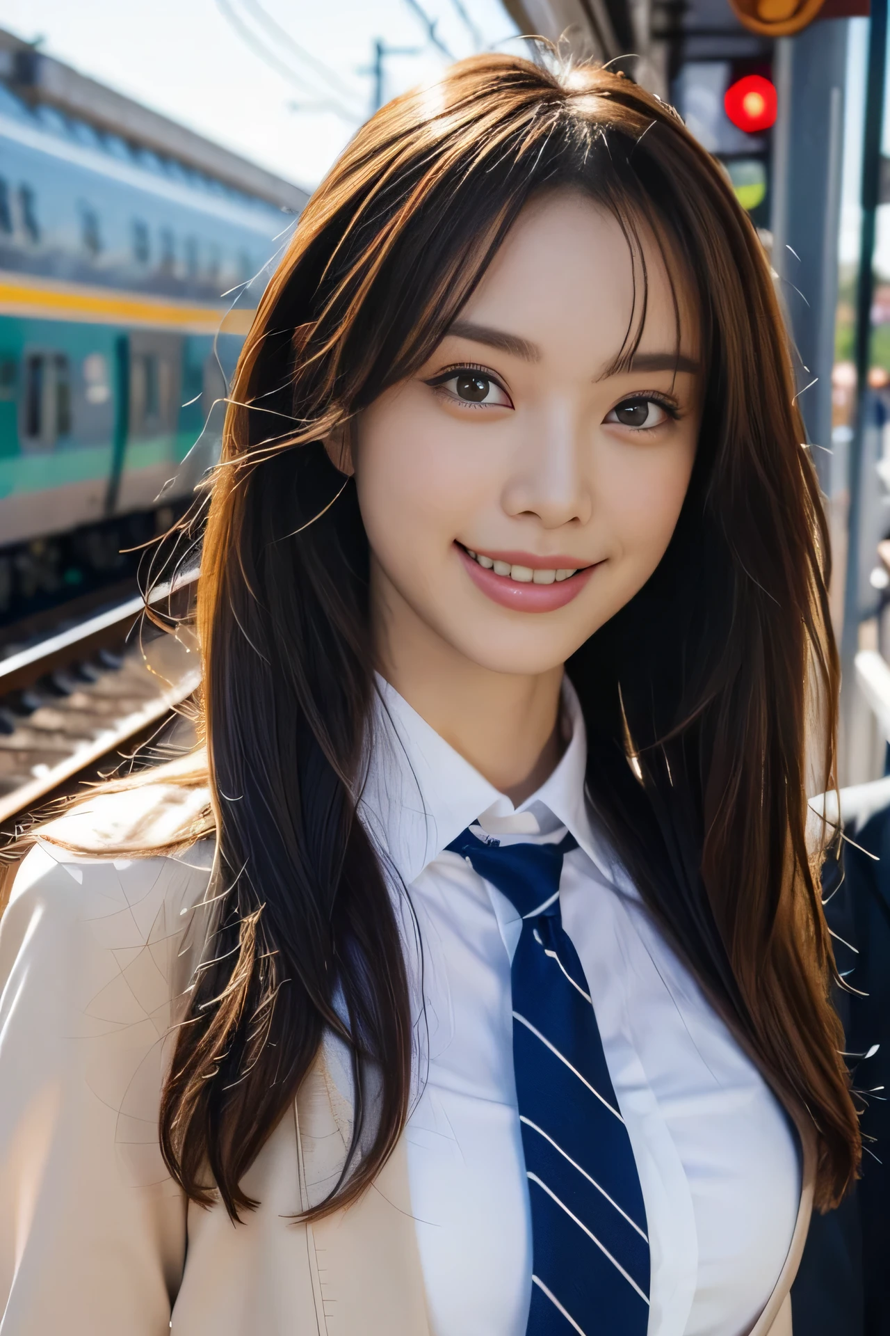 High resolution, RAW photo, realistic, very delicate and beautiful, very detailed, finely, very detailed CG unity 8k wallpaper, super detailed, (highest quality, 8k, 32K, masterpiece, Hmm:1.2), cute japanese model pictures, JK uniform, Blue plaid pleated skirt, tie, brown cardigan, beautiful and detailed face, Beautiful clear long eyes, delicate figure, expensive, skinny, medium straight hair, innocent smile, upper teeth, outdoors, Walk along the station platform, surreal, real anime girl,