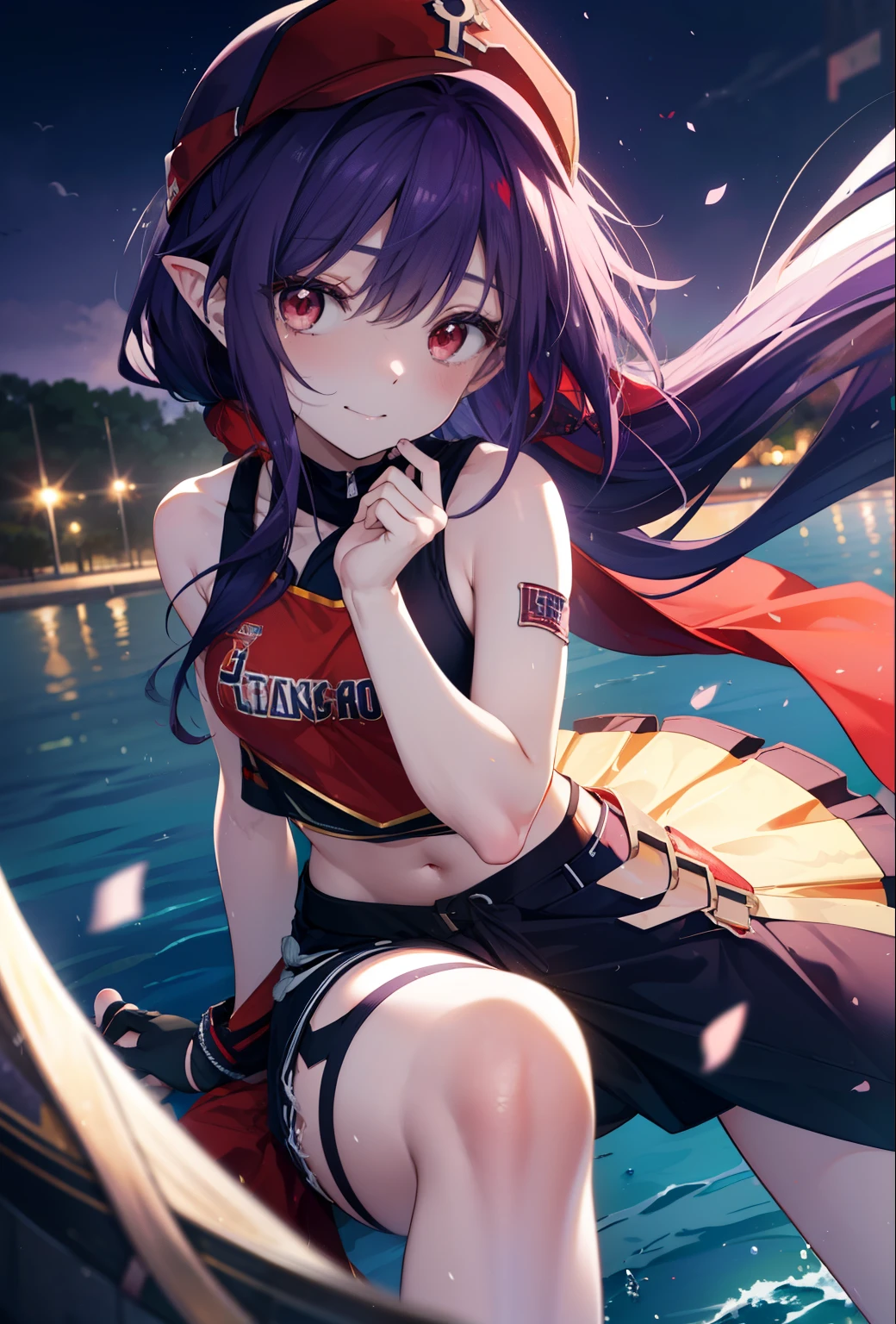 yuukikonno, Yuki Konno, hair band, long hair, pointed ears, purple hair, smile,blush,(red eyes:1.5), (small breasts:1.2), open your mouth,purple sleeveless hoodie,baseball hat,baseball hatの上からパーカーのフードを被っている,The front is open,It's a bellybutton,y shirt,shorts,barefoot,Cute Sandals,
break looking at viewer, Upper body, whole body,
break outdoors, coastal street,
break (masterpiece:1.2), highest quality, High resolution, unity 8k wallpaper, (figure:0.8), (detailed and beautiful eyes:1.6), highly detailed face, perfect lighting, Very detailed CG, (perfect hands, perfect anatomy),