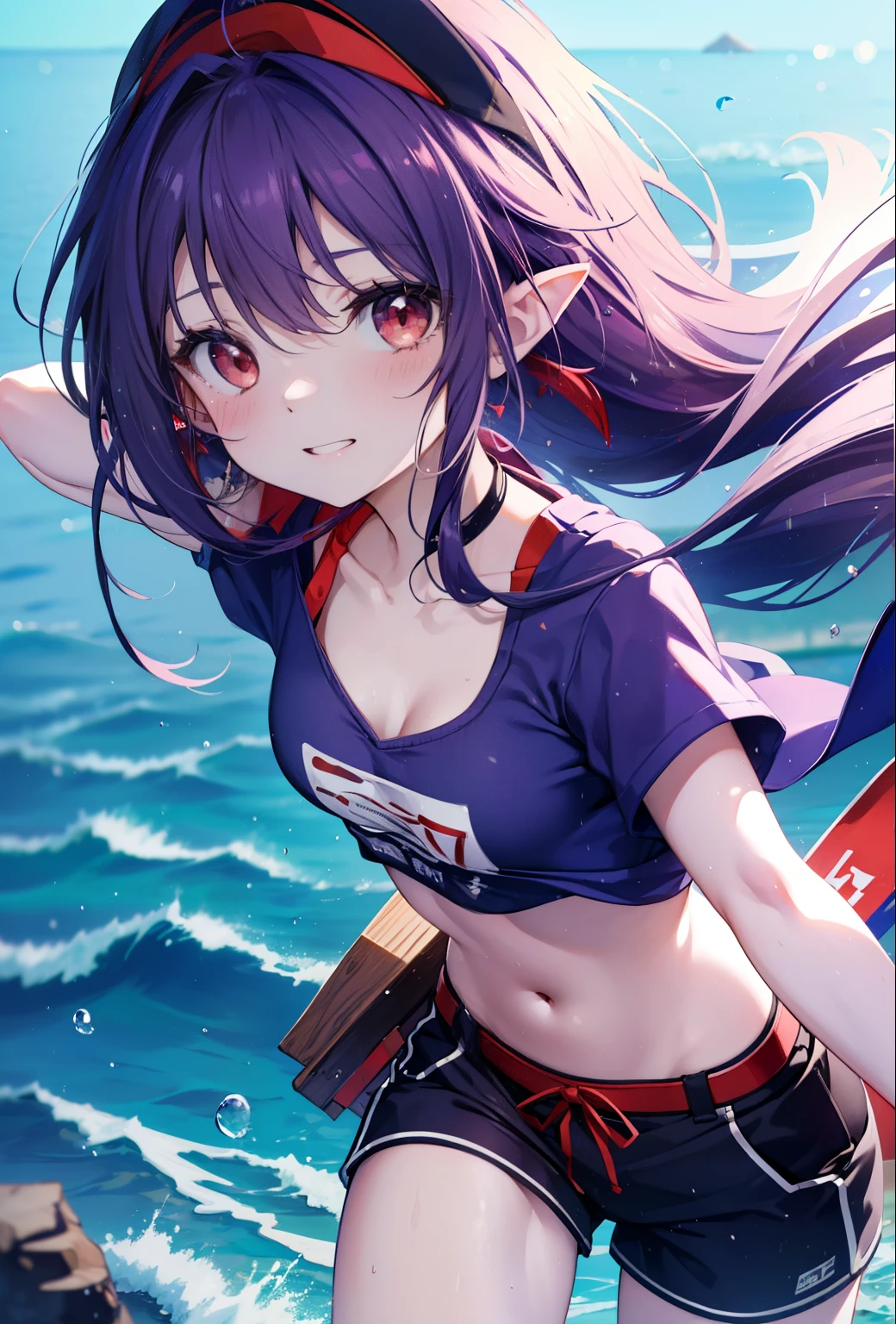 yuukikonno, Yuki Konno, hair band, long hair, pointed ears, purple hair, smile,blush,(red eyes:1.5), (small breasts:1.2), open your mouth,purple sleeveless hoodie,baseball hat,baseball hatの上からパーカーのフードを被っている,The front is open,It&#39;s a bellybutton,y shirt,shorts,barefoot,Cute Sandals,
break looking at viewer, Upper body, whole body,
break outdoors, coastal street,
break (masterpiece:1.2), highest quality, High resolution, unity 8k wallpaper, (figure:0.8), (detailed and beautiful eyes:1.6), highly detailed face, perfect lighting, Very detailed CG, (perfect hands, perfect anatomy),