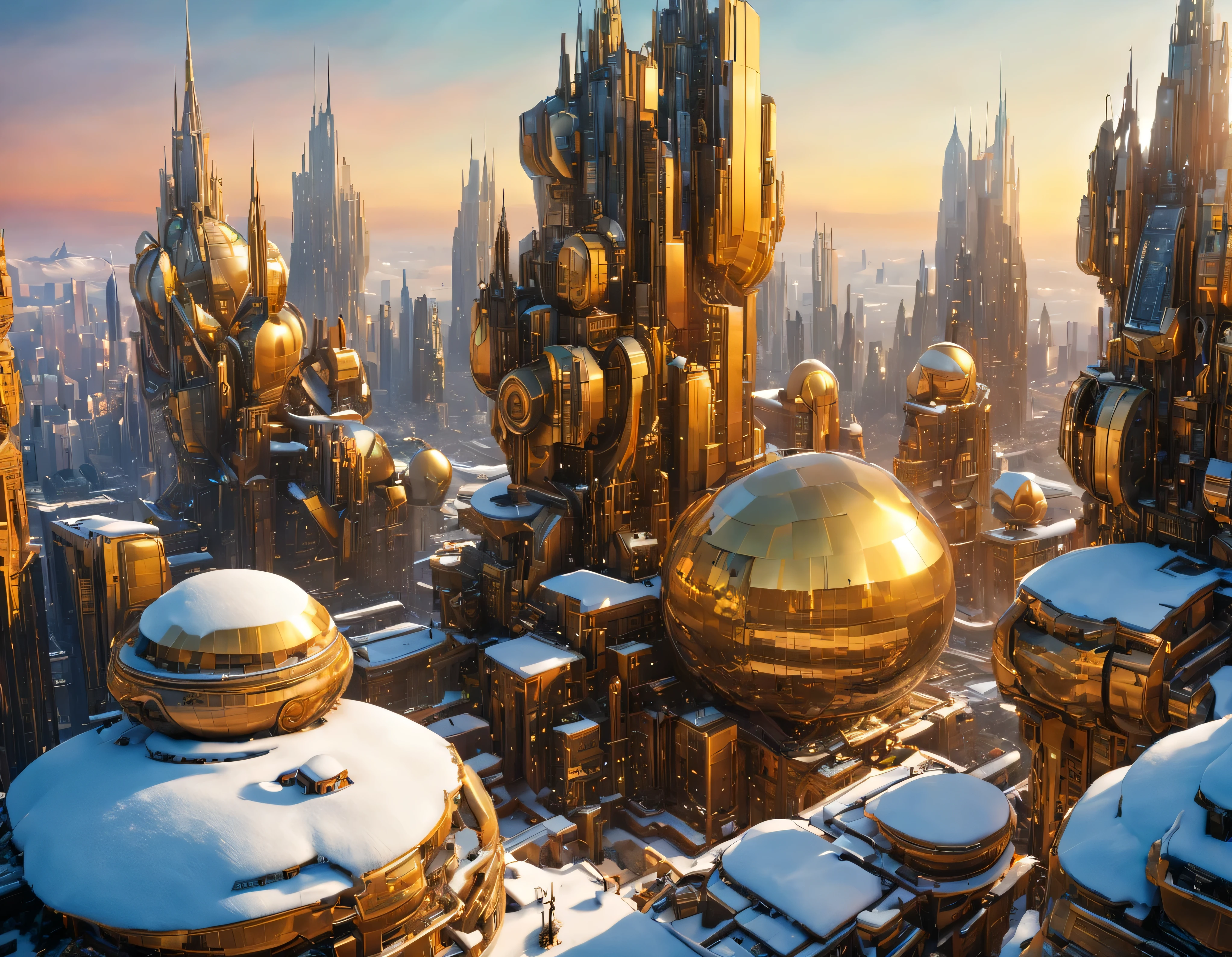 (golden hour lighting),en un hambiente nevado hay una megacity, megalopolis of an imaginary world of science fiction and maximum fantasy, con inmensos edificios ovalados y dodecaedricos agrupados de metal y cristal donde predomina los anuncios luminosos de colores. imagen bien definida 8k, (intrincados detalles de la maquina), con muchos edificios juntos.(obra maestra de superior calidad).(imagen fotorrealista), nitidez absoluta hasta el fondo